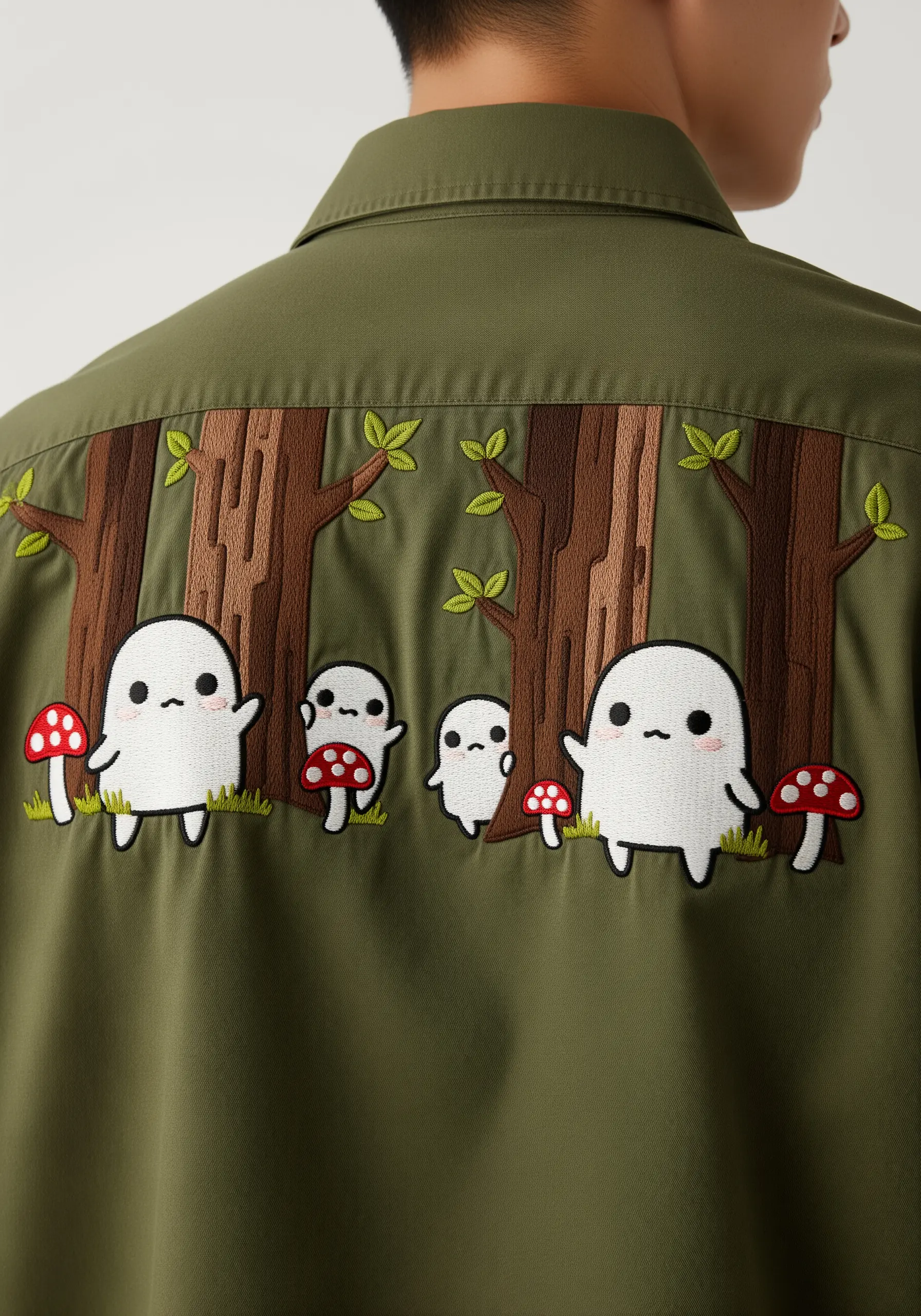 Cute cartoon ghosts and mushrooms in a forest embroidered on the back of a green shirt.