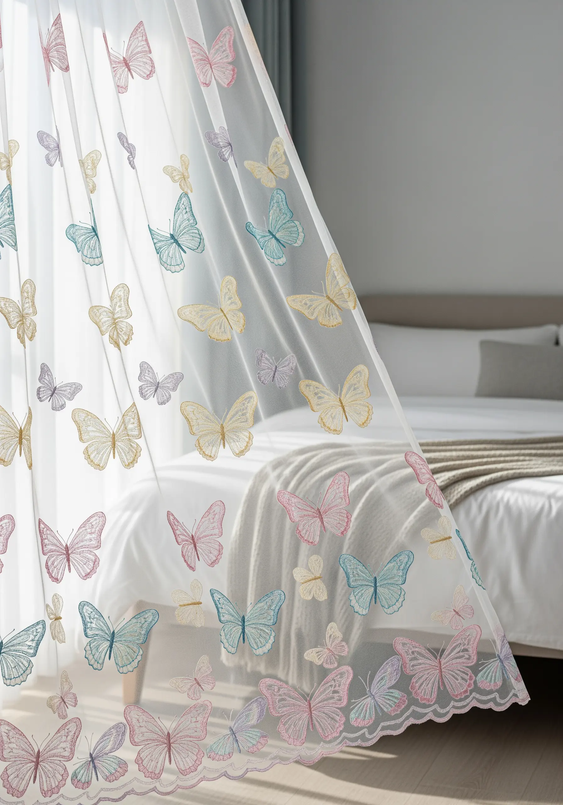 Sheer white curtain with colorful butterfly embroidery