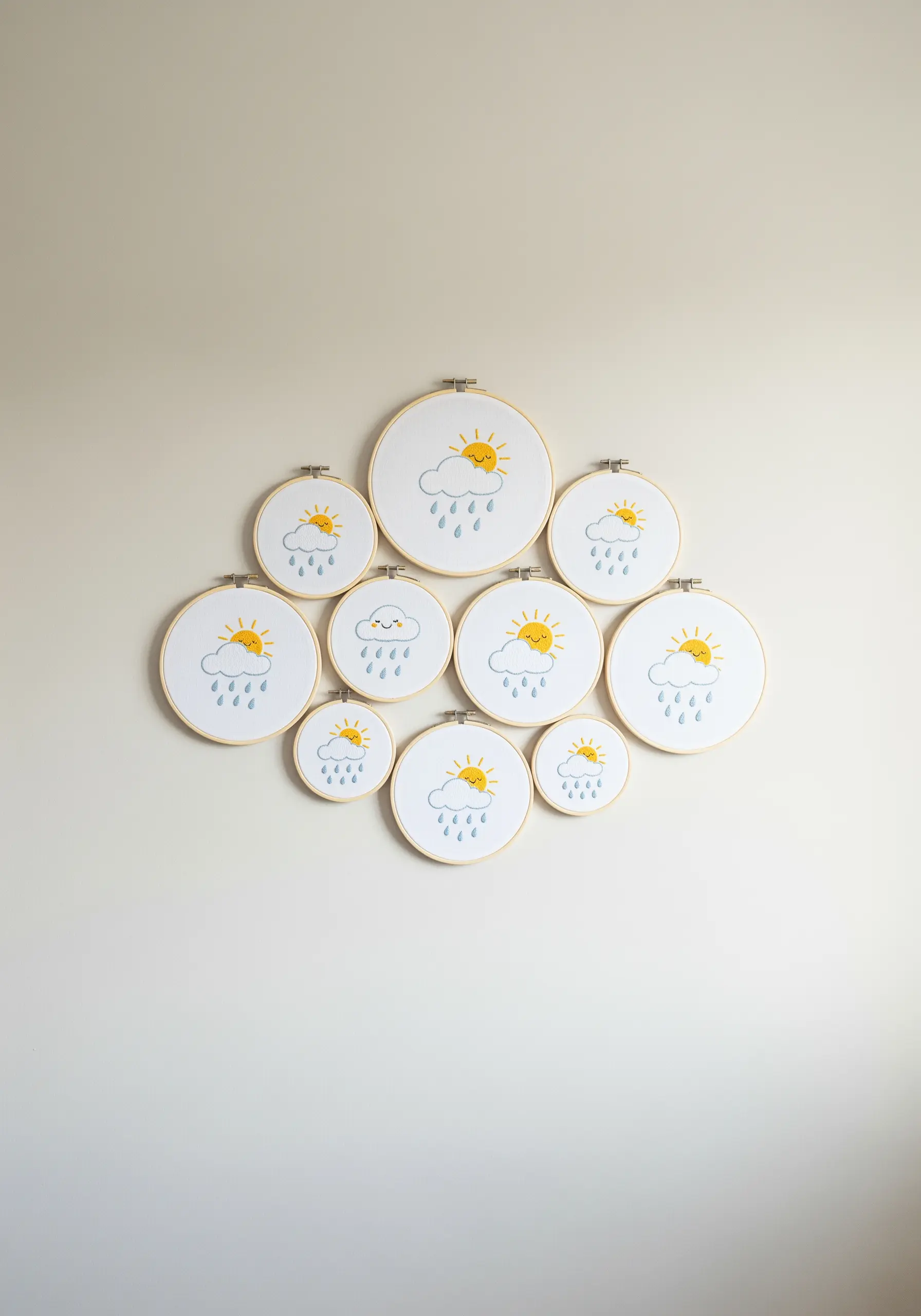 Cute cloud and sun weather embroidery icons on white hoops