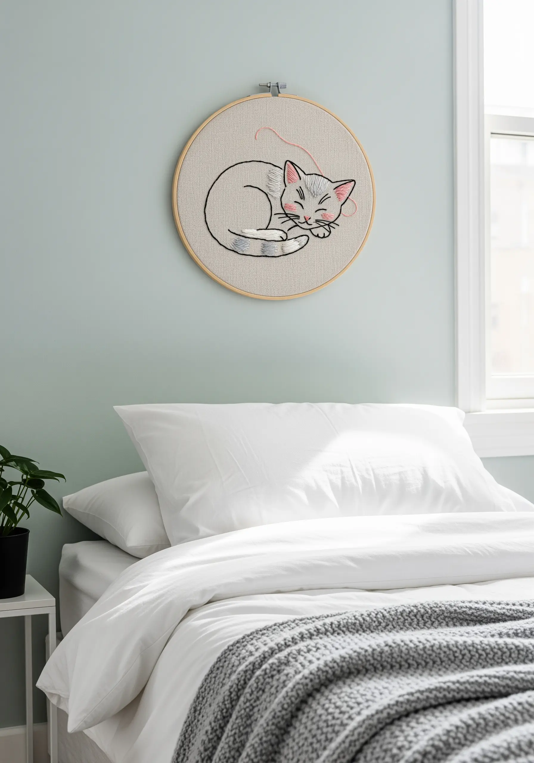 A minimalist sleeping cat embroidered with a soft, limited color palette.