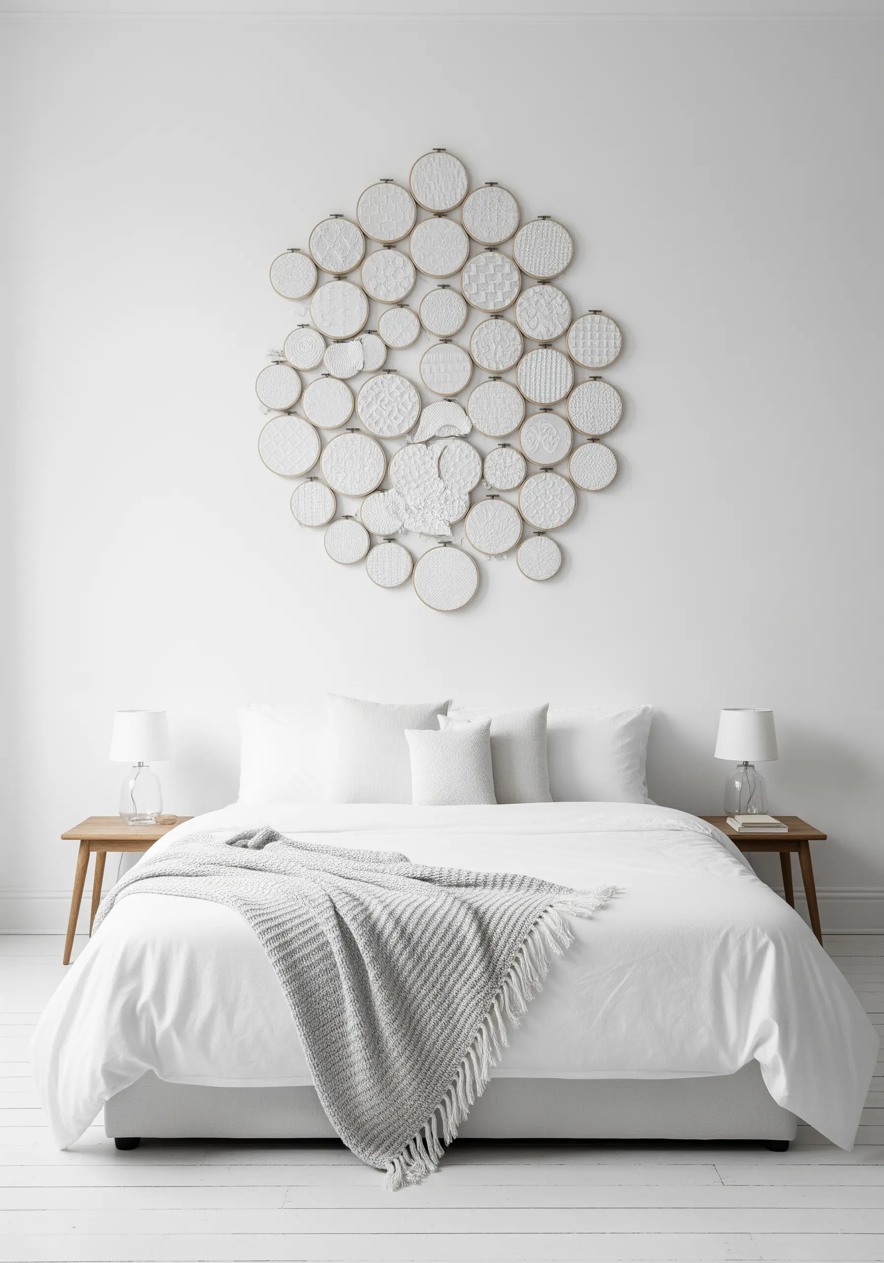 White on white textured embroidery collage above a bed