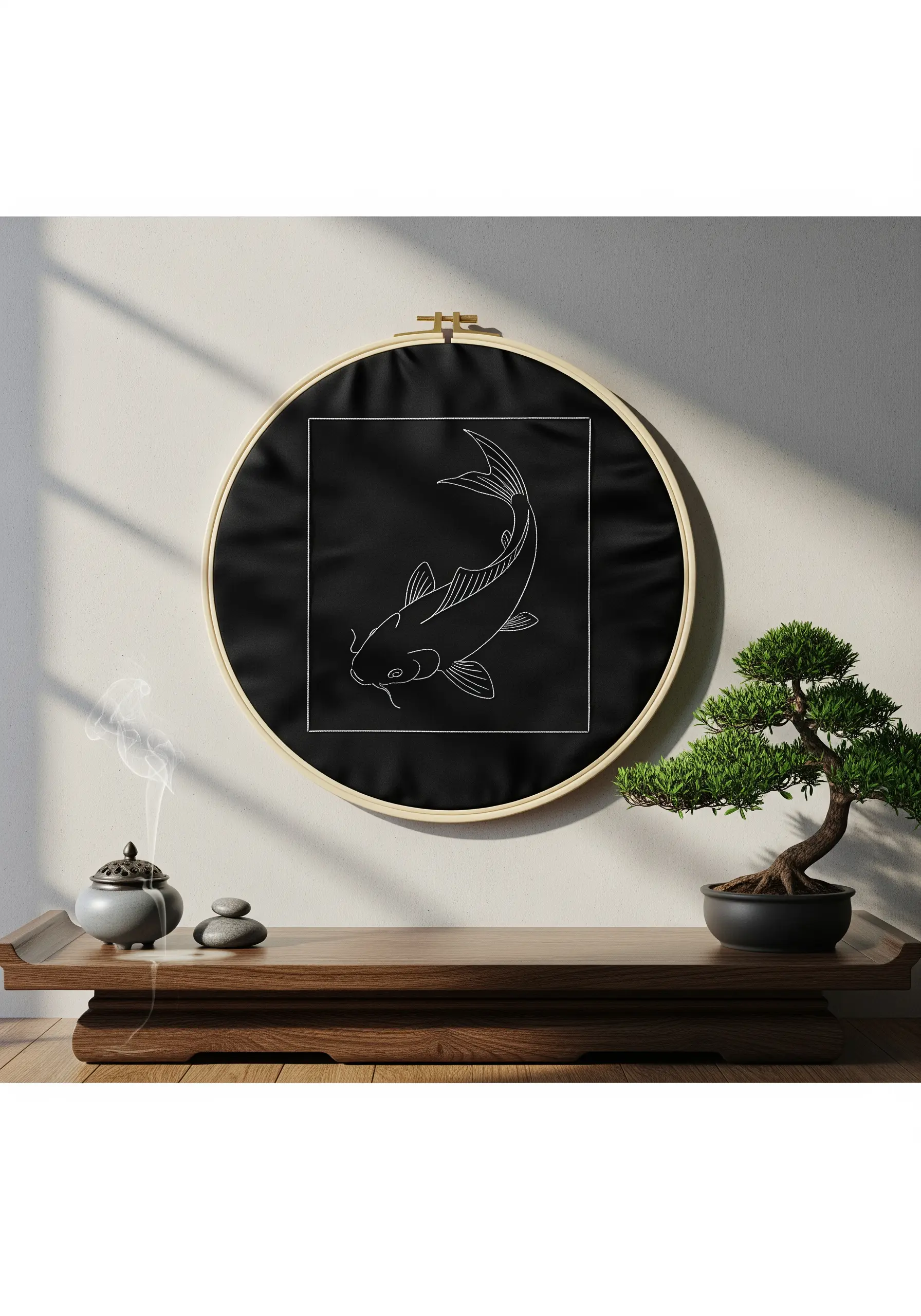 White koi fish outline embroidered on black satin hoop