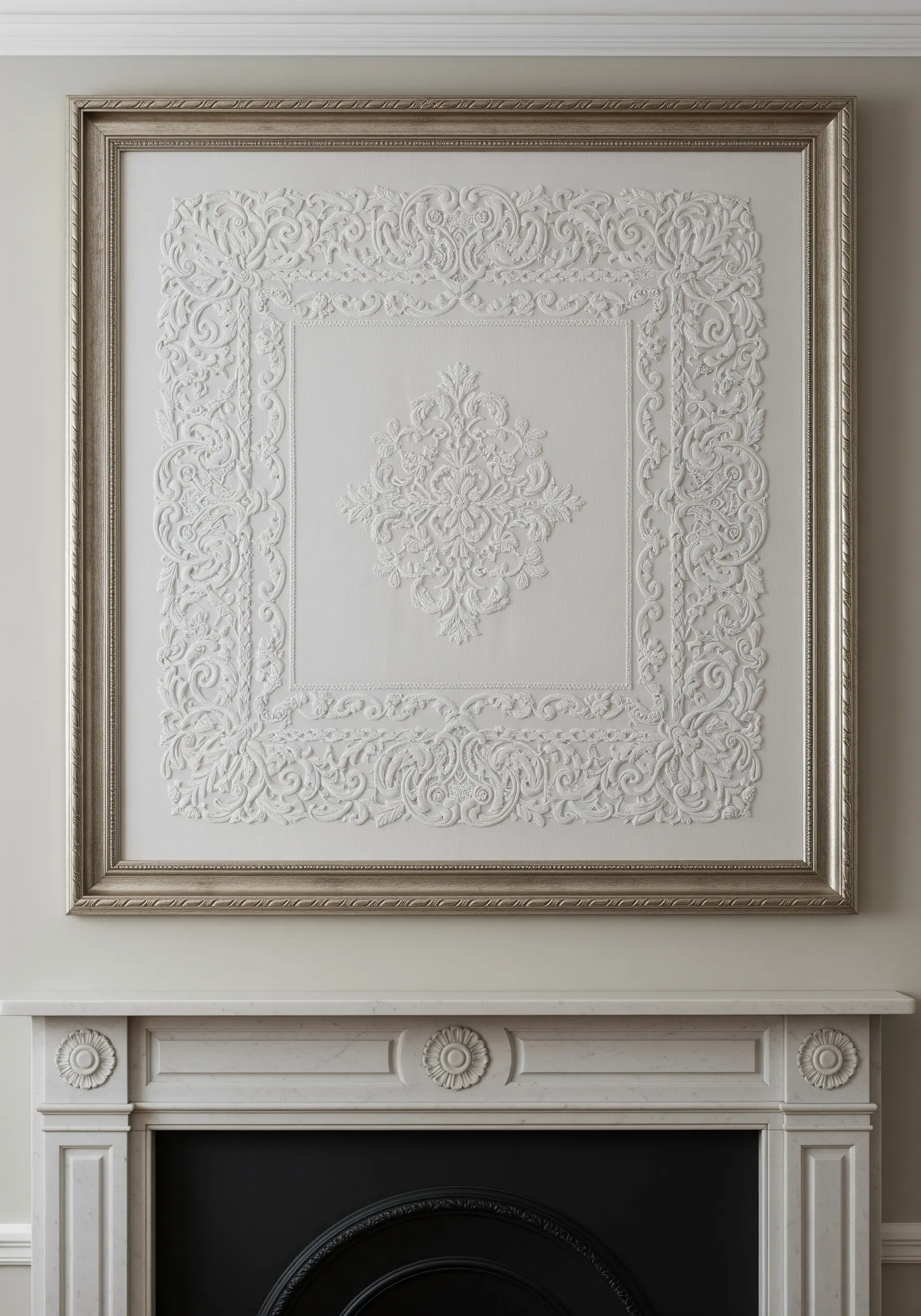 An ornate white-on-white embroidery piece with heavy textural detail, in a silver frame.