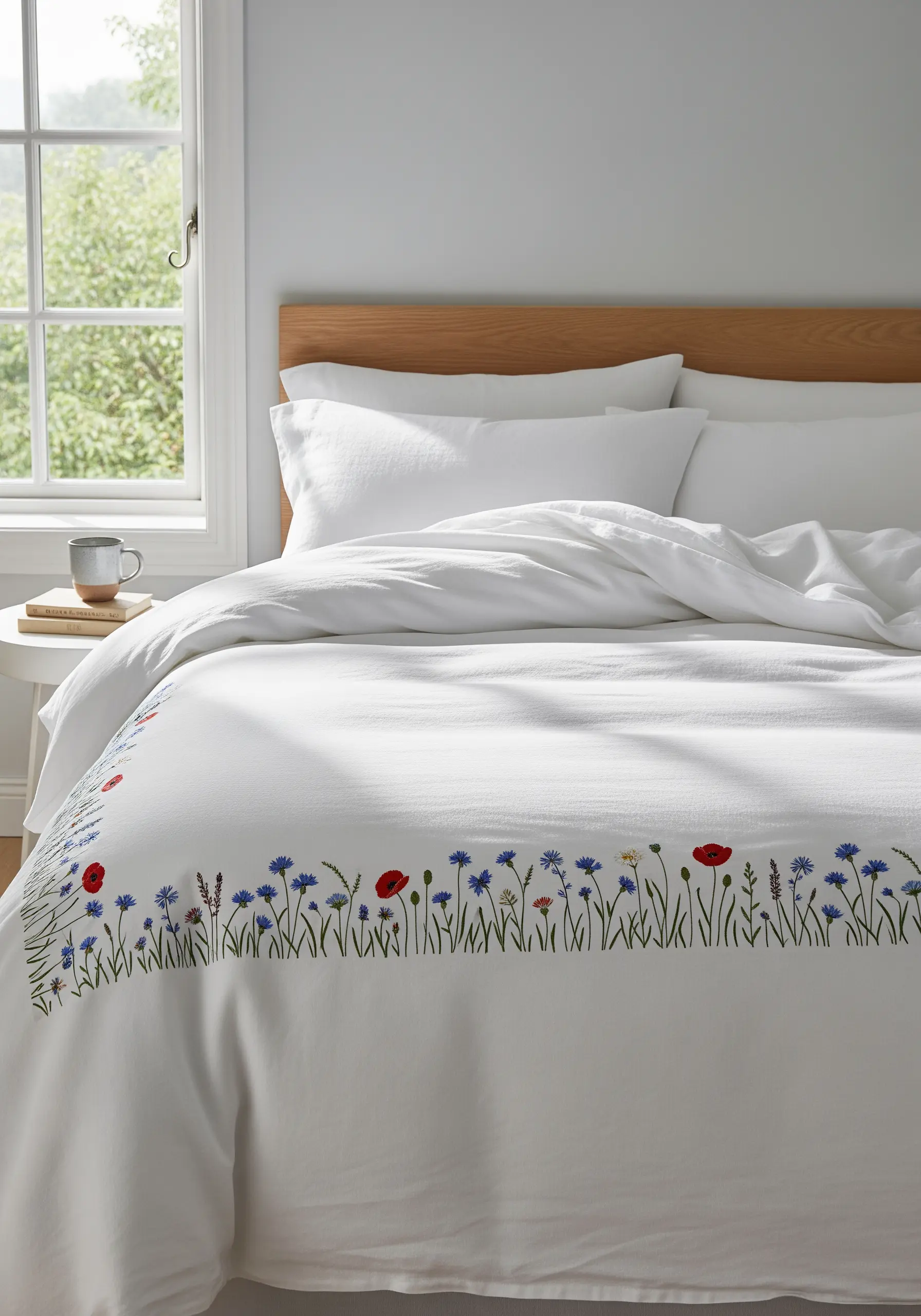 White duvet cover with a colorful wildflower border