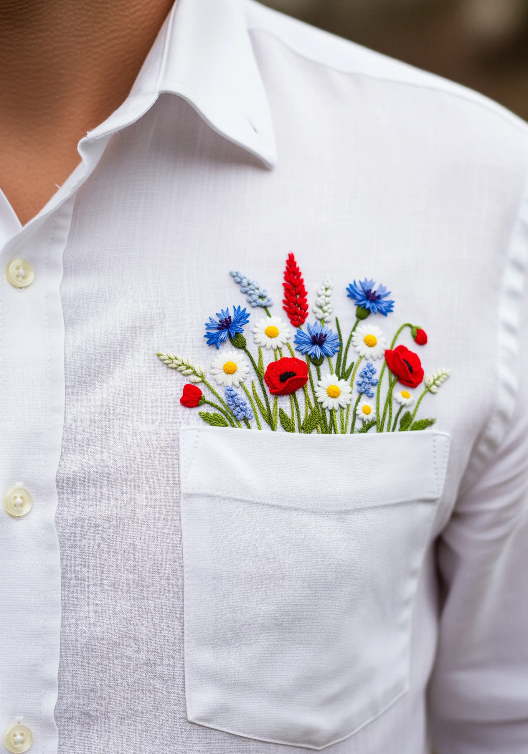 A colorful bouquet of embroidered wildflowers like poppies and daisies in a shirt pocket.