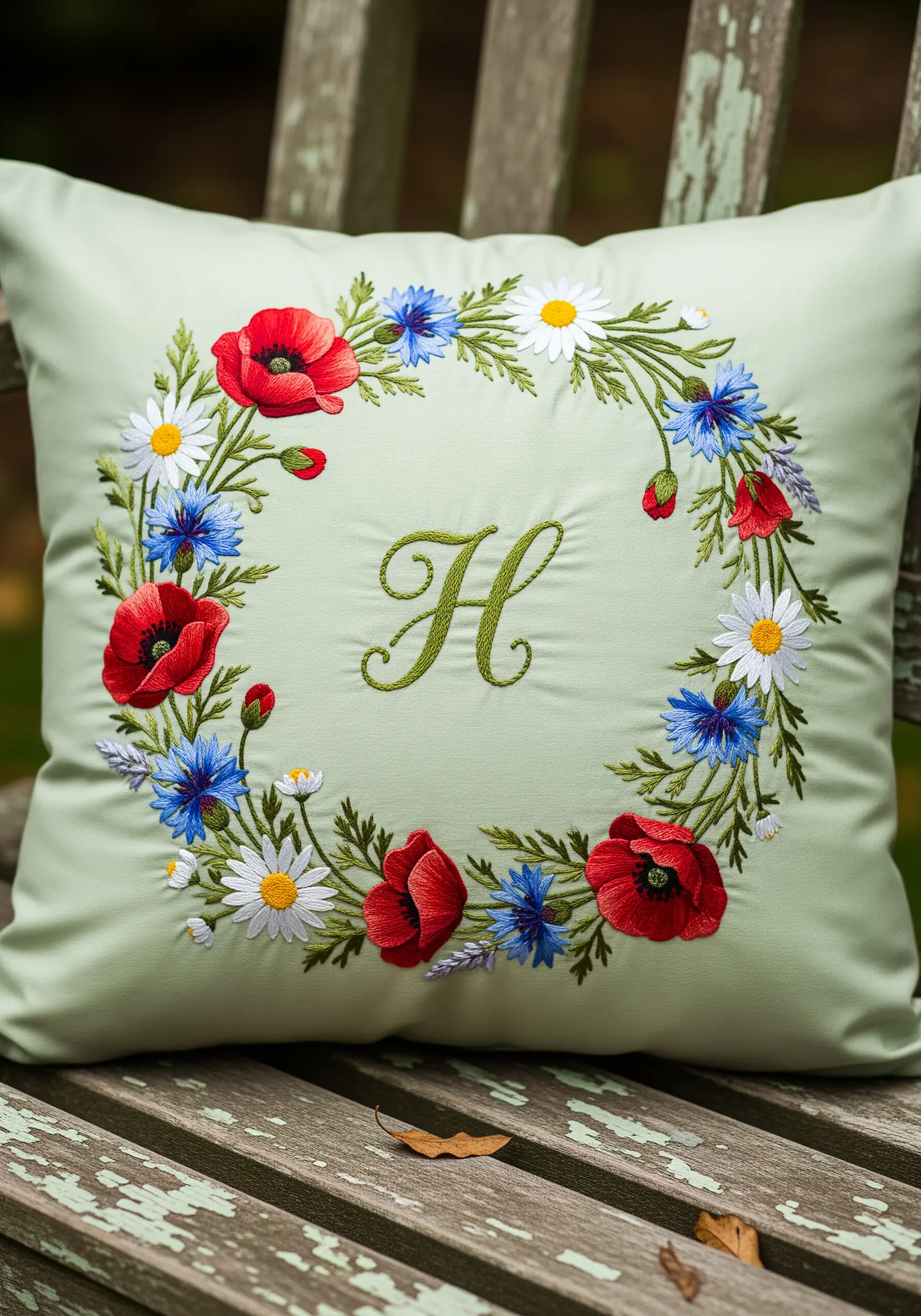 Sage green pillow with colorful wildflower wreath and letter H
