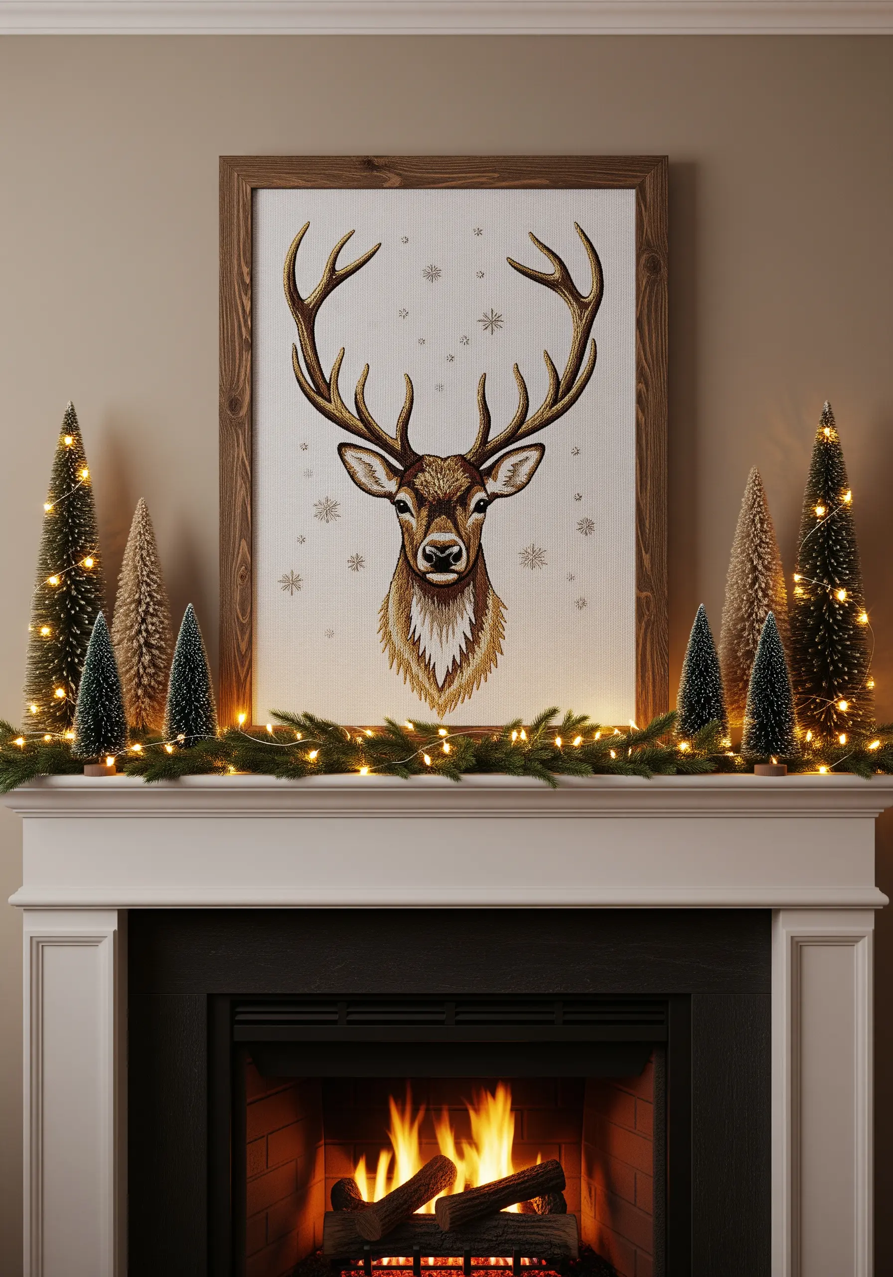 A detailed embroidered portrait of a stag's head with large antlers, framed above a fireplace.