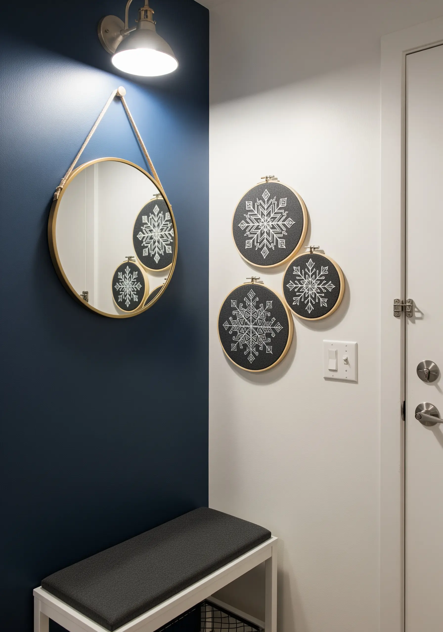White snowflake embroidery on black fabric in three hoops against a dark blue wall.