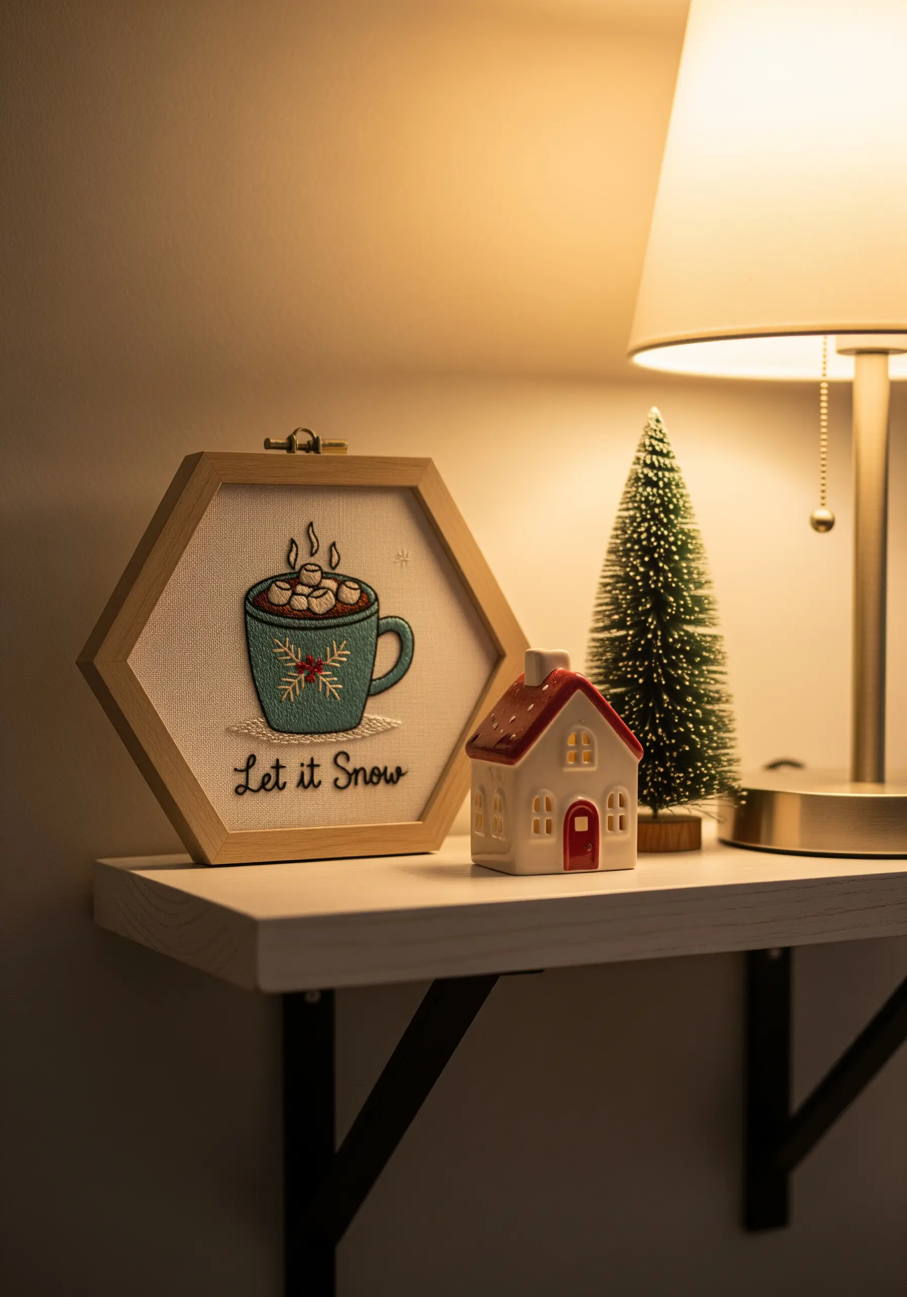 A hexagonal embroidery hoop with a mug of hot cocoa and the words 'Let it Snow'.