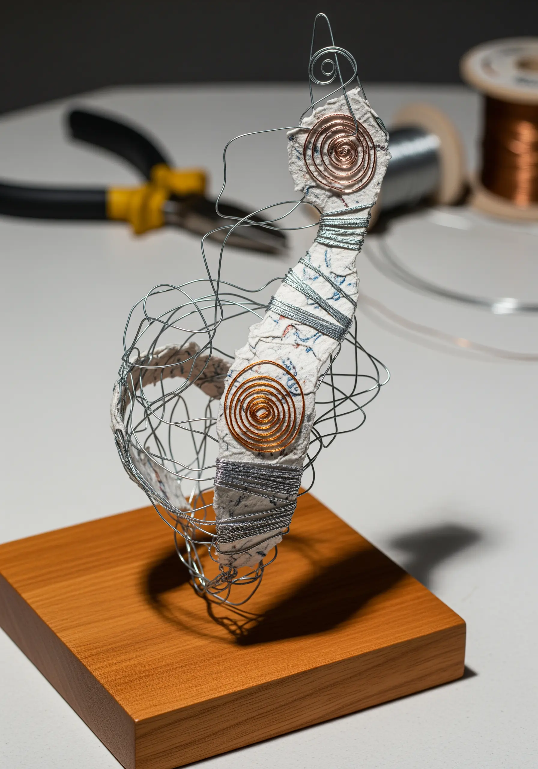 Abstract wire sculpture with paper pulp and copper wire