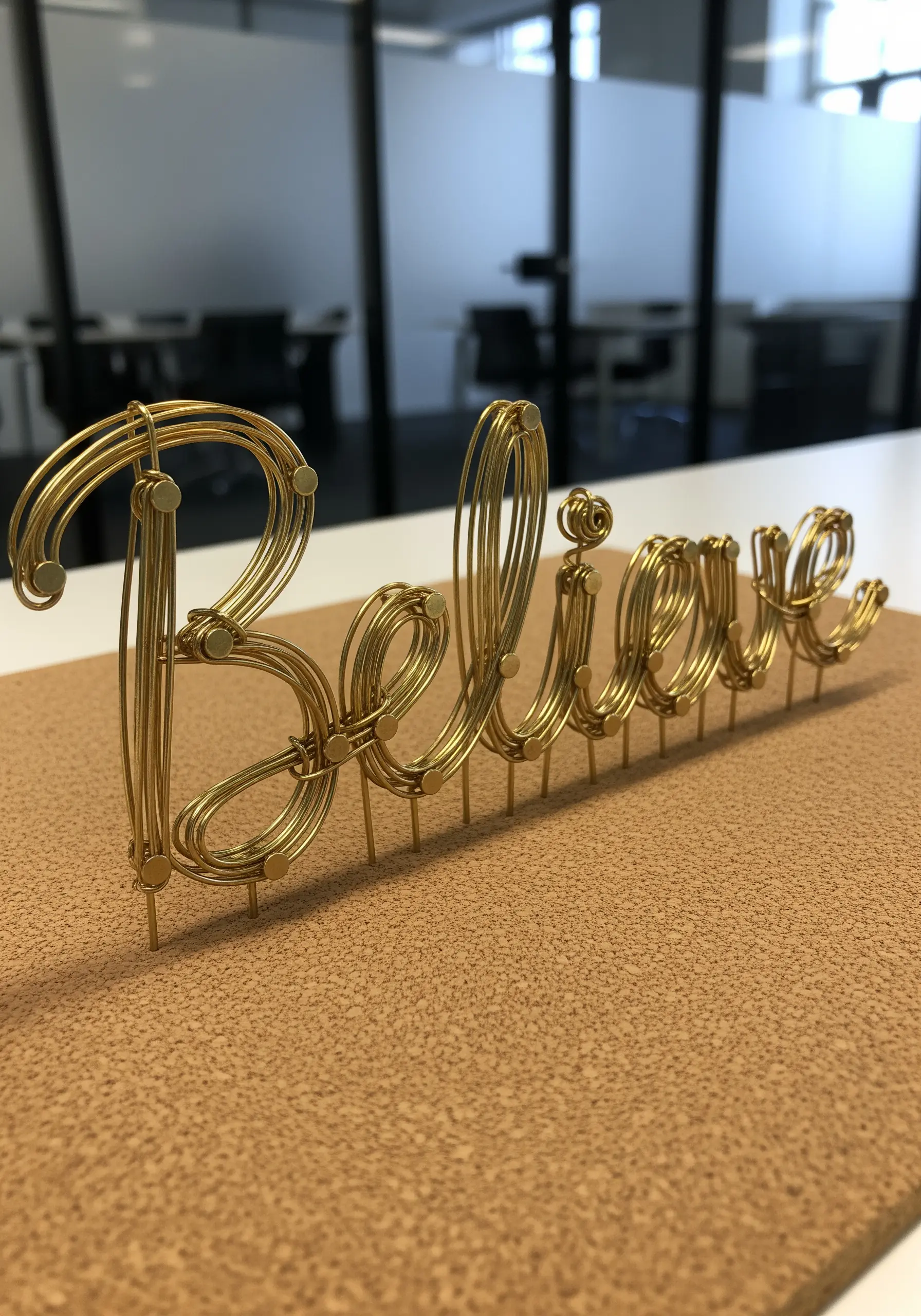 Free-standing gold wire script sculpture spelling Believe on cork