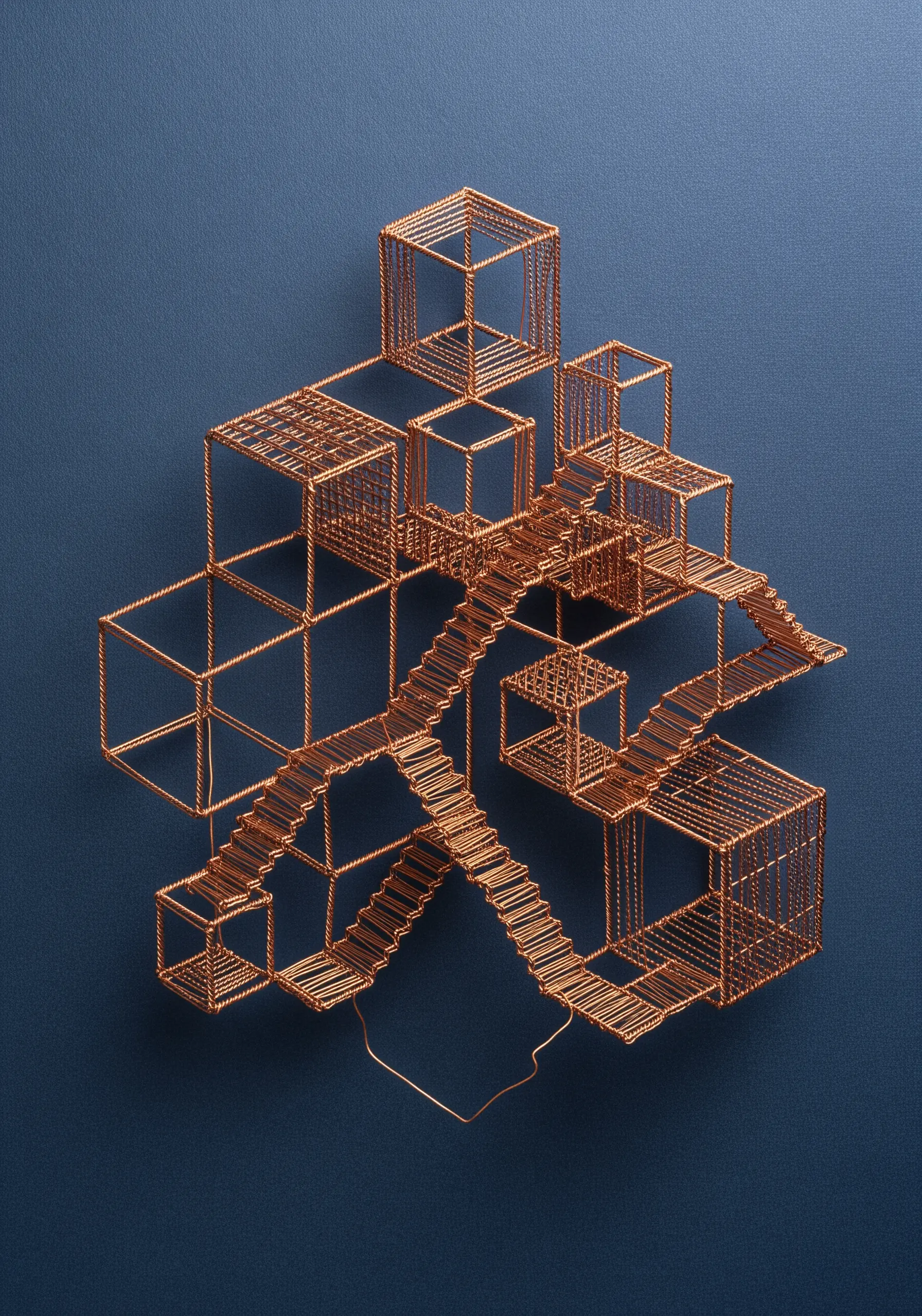 Copper wire cube structure wrapped in thread