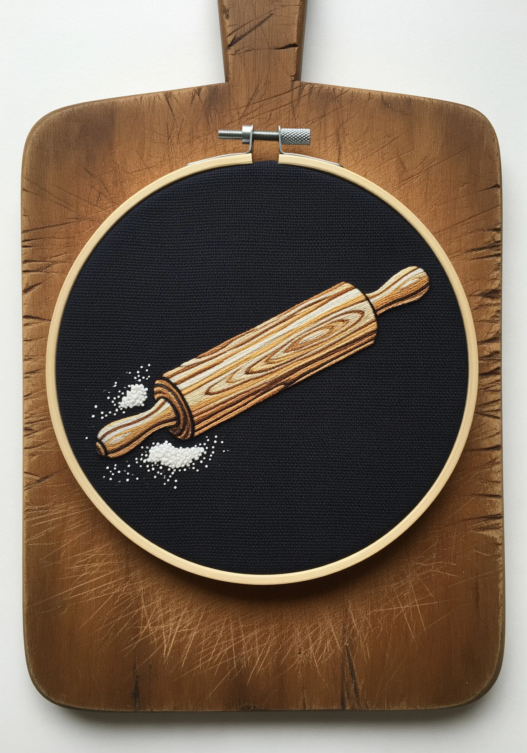 Rolling pin embroidery with realistic wood grain thread painting
