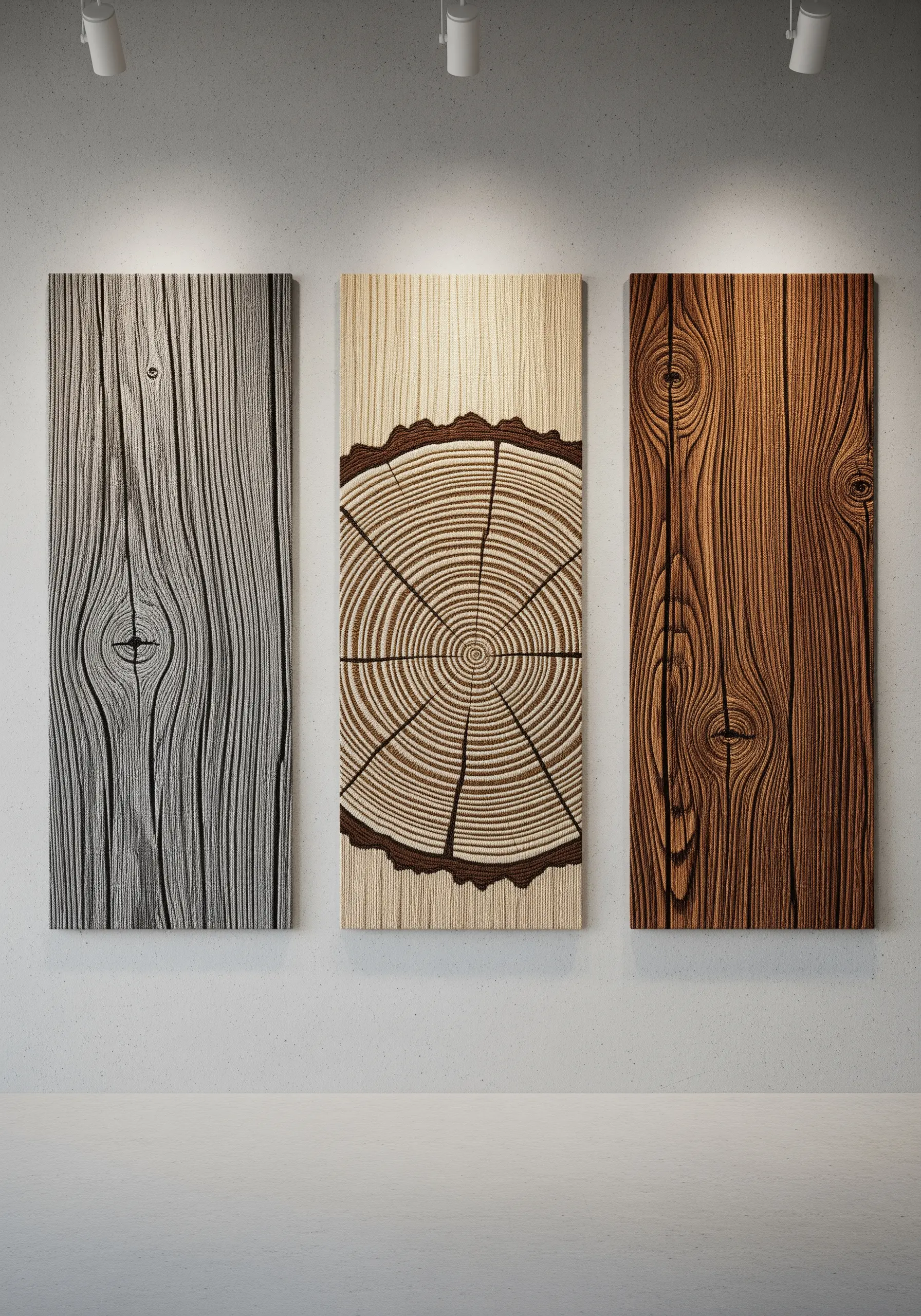 Three vertical panels of embroidery showcasing different woodgrain textures and tree rings.