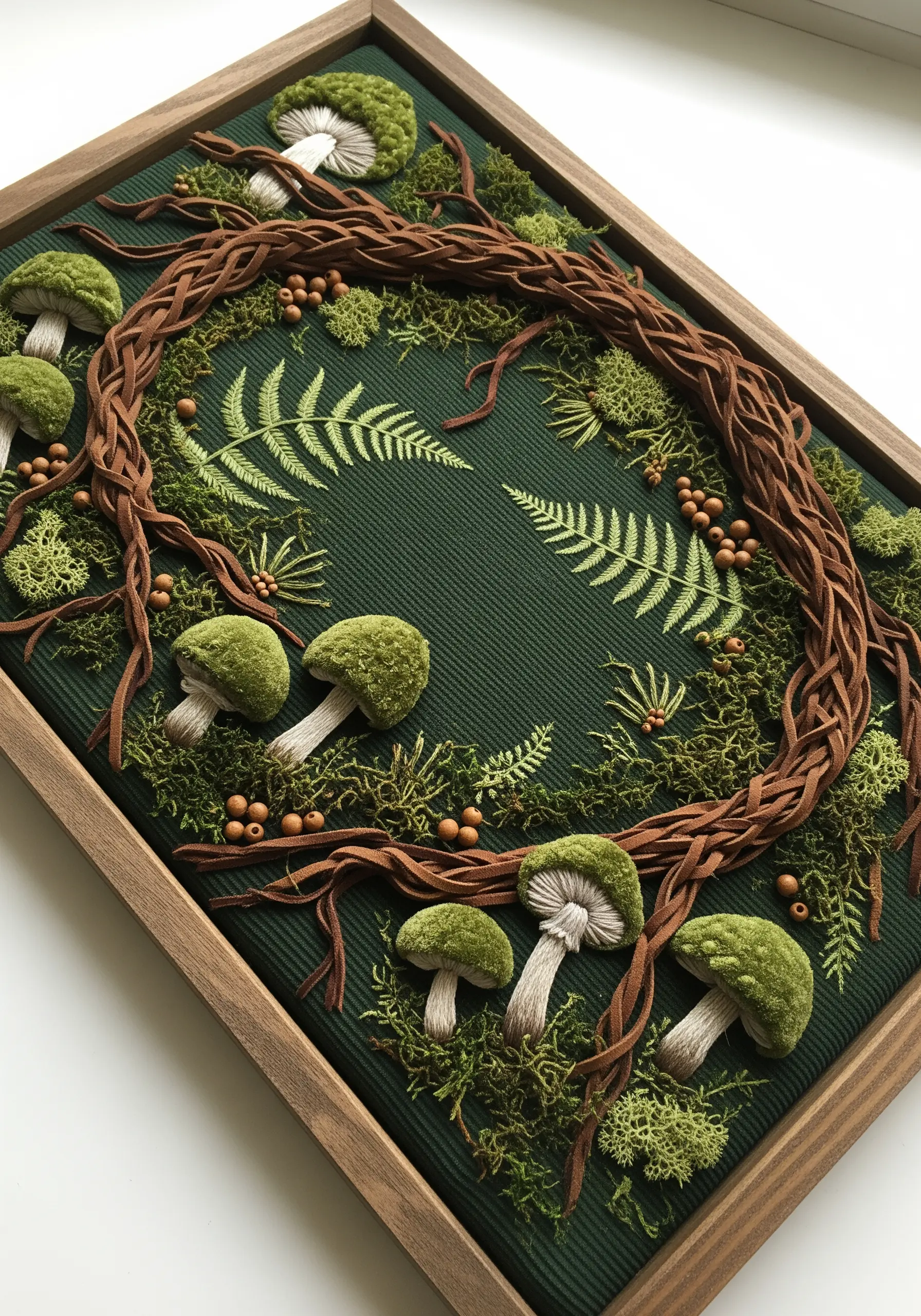 A framed woodland scene with 3D stumpwork mushrooms, braided cord branches, and preserved moss.