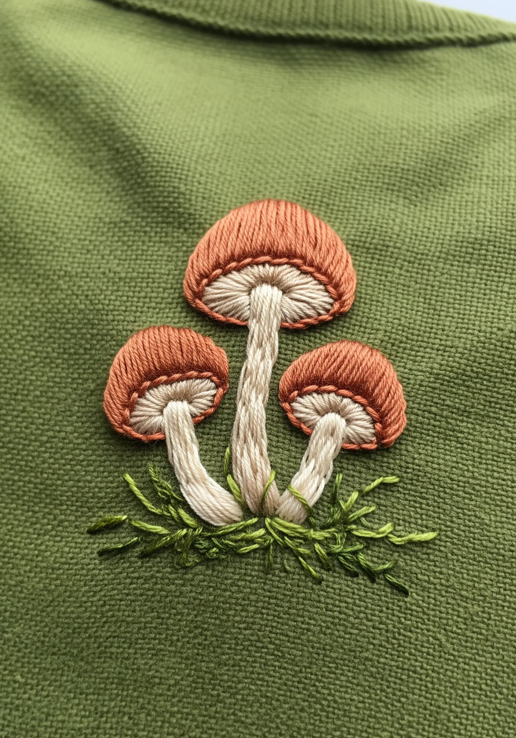 Three embroidered mushrooms with detailed, textured caps and mossy green bases.
