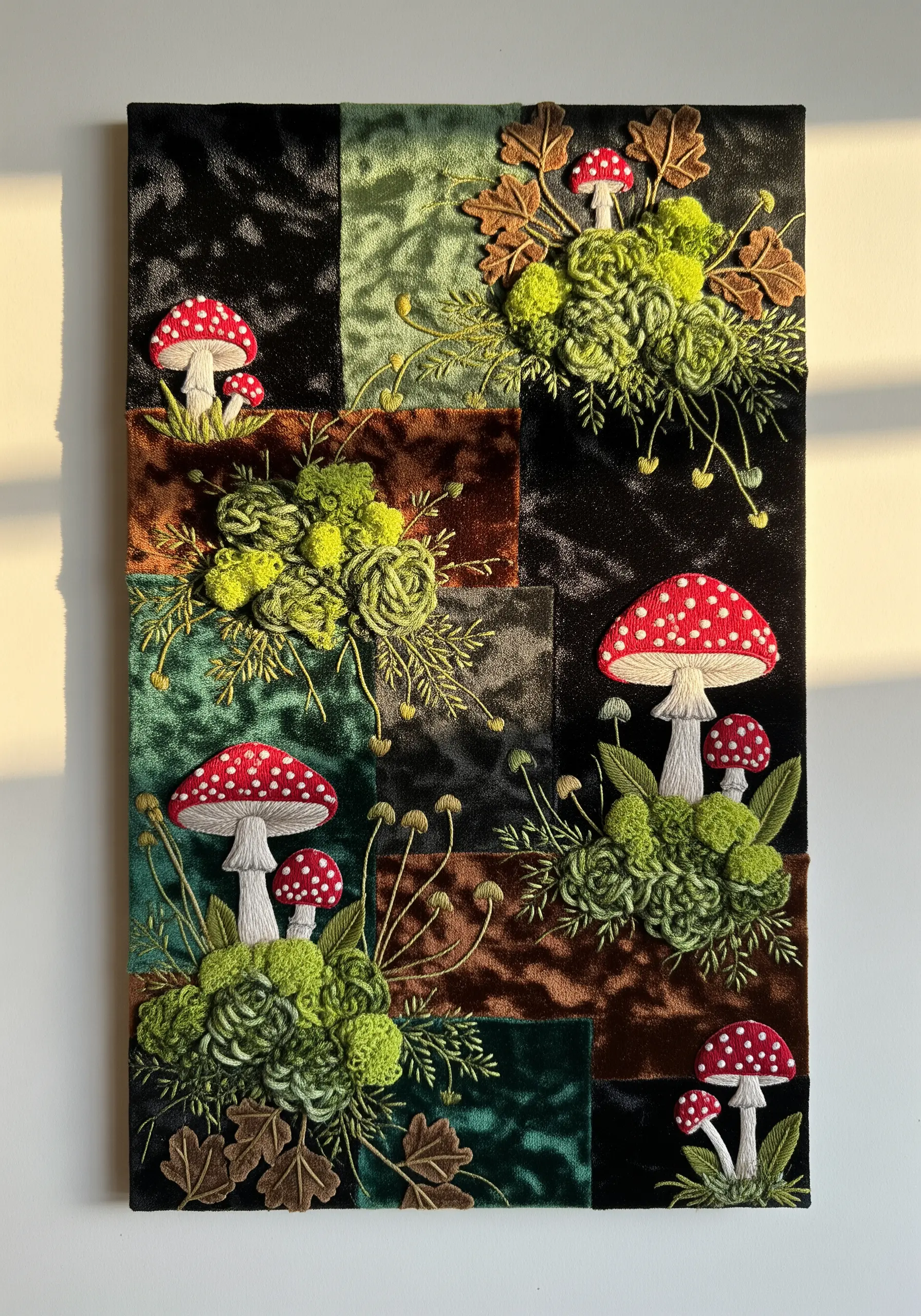 Embroidered mushrooms and mossy textures on a background of green and brown velvet patchwork.