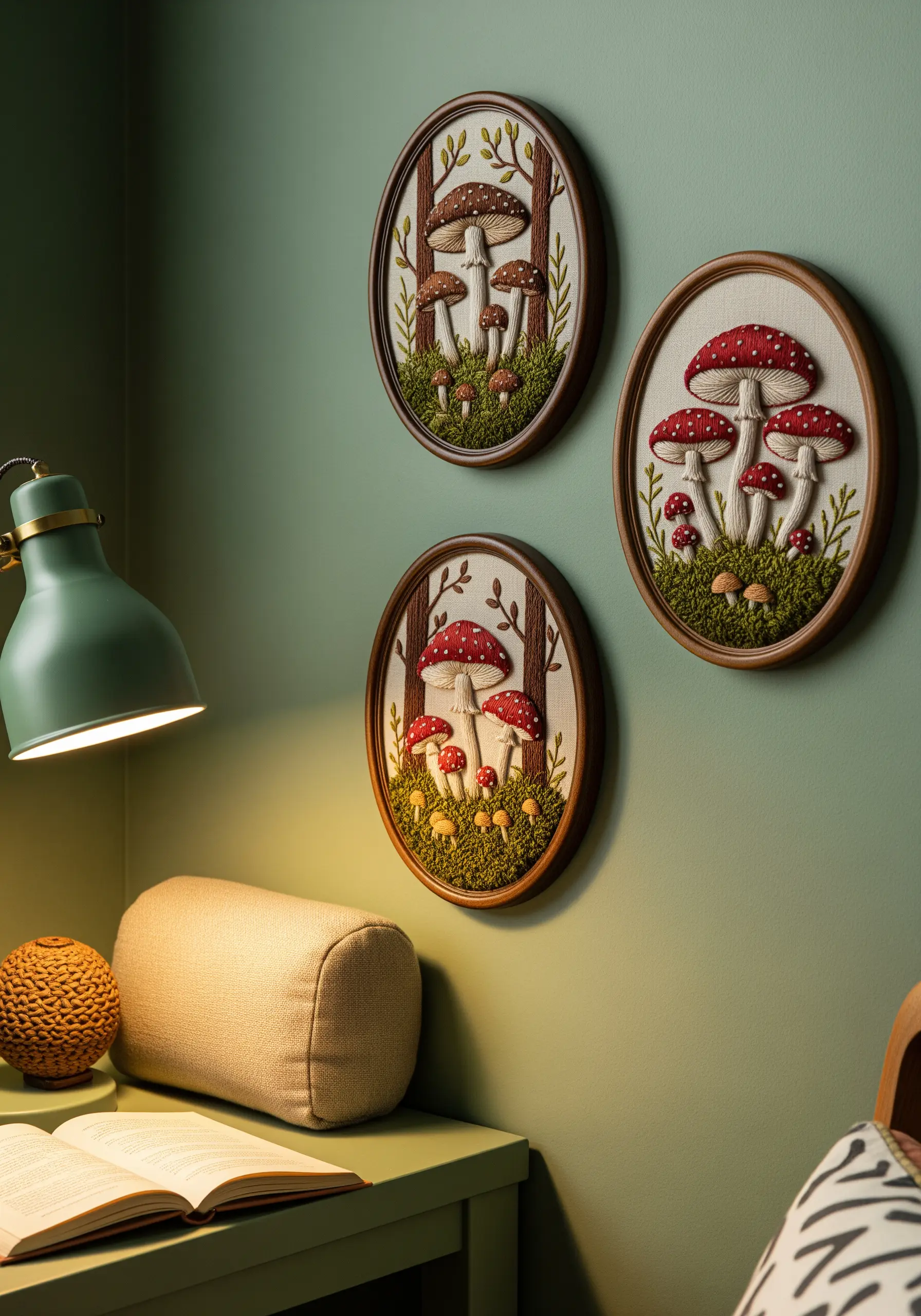 A trio of oval embroidery hoops depicting whimsical red-capped mushrooms with padded 3D effects.