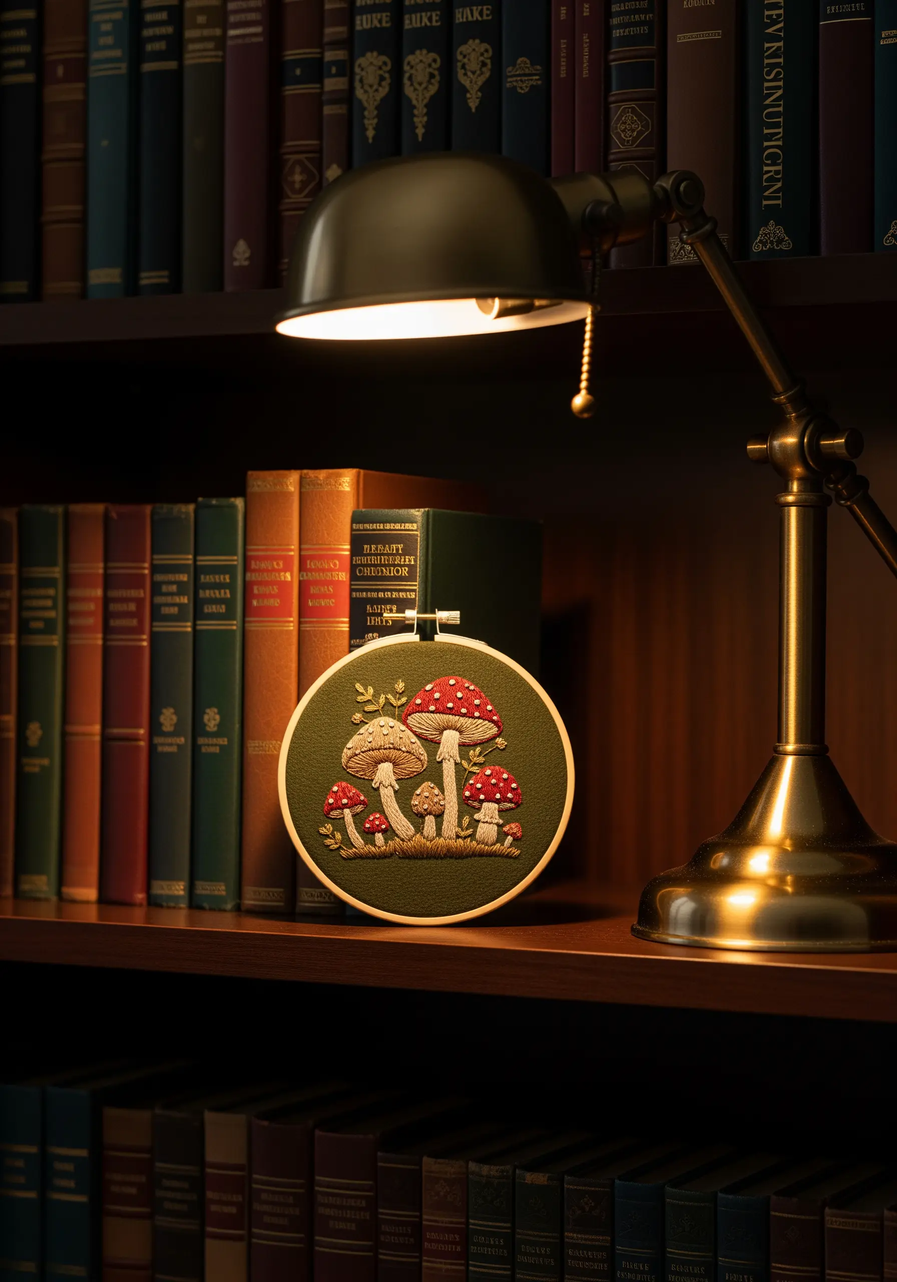 A small embroidery hoop with red-capped mushrooms displayed on a dark bookshelf.