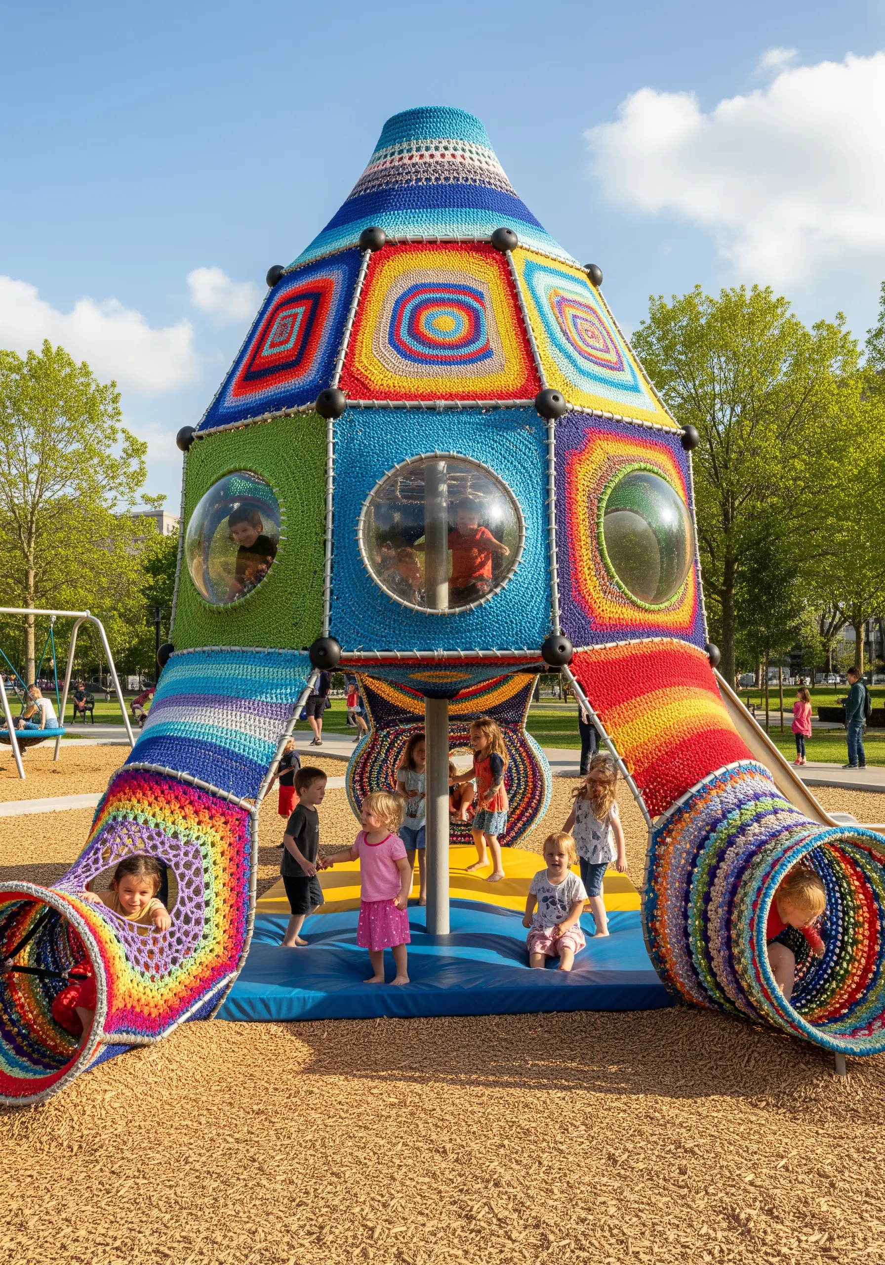 A colorful crocheted rocket ship playground structure made of many joined granny squares.