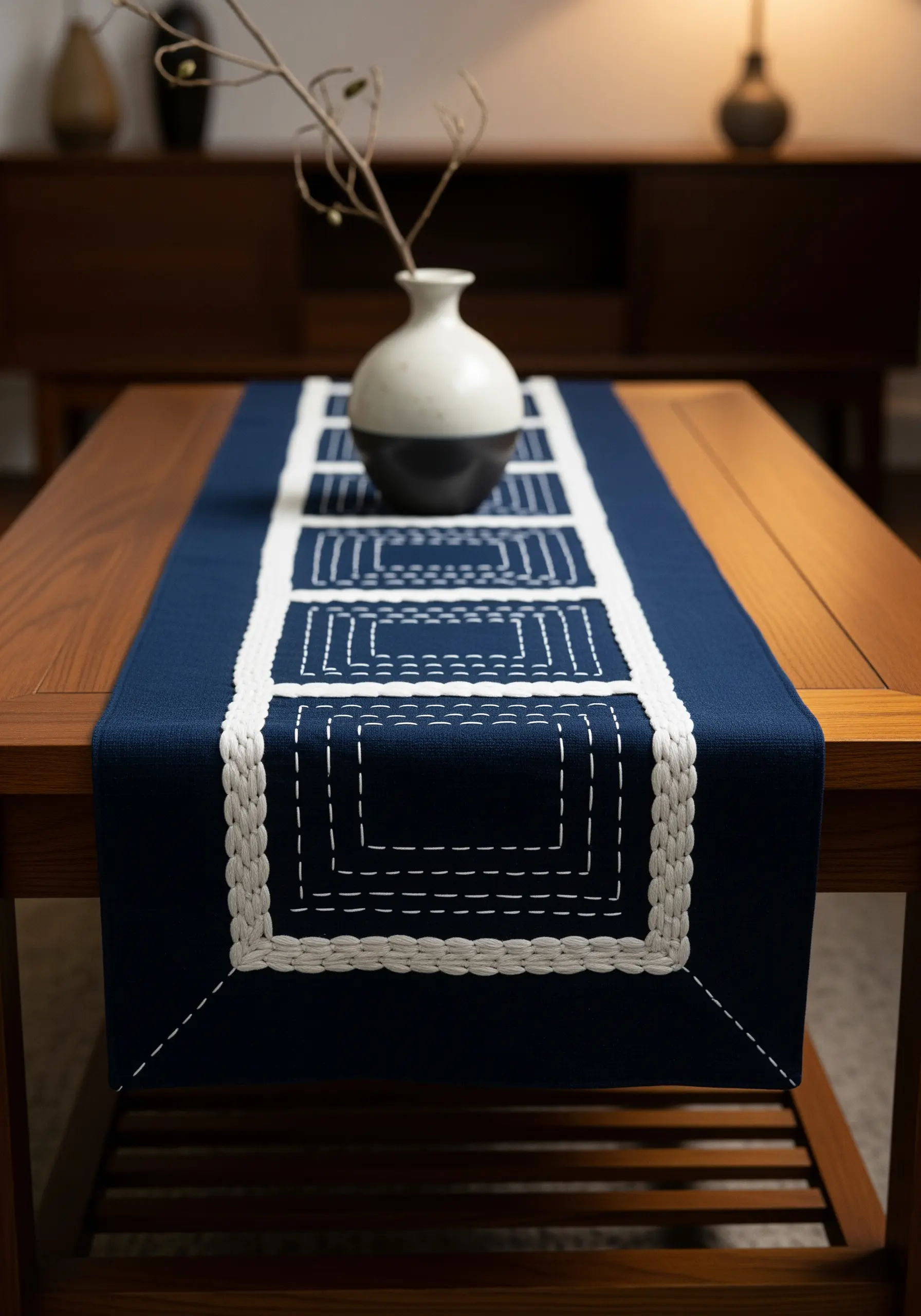 A navy blue table runner with a geometric border made of thick white woven cord.