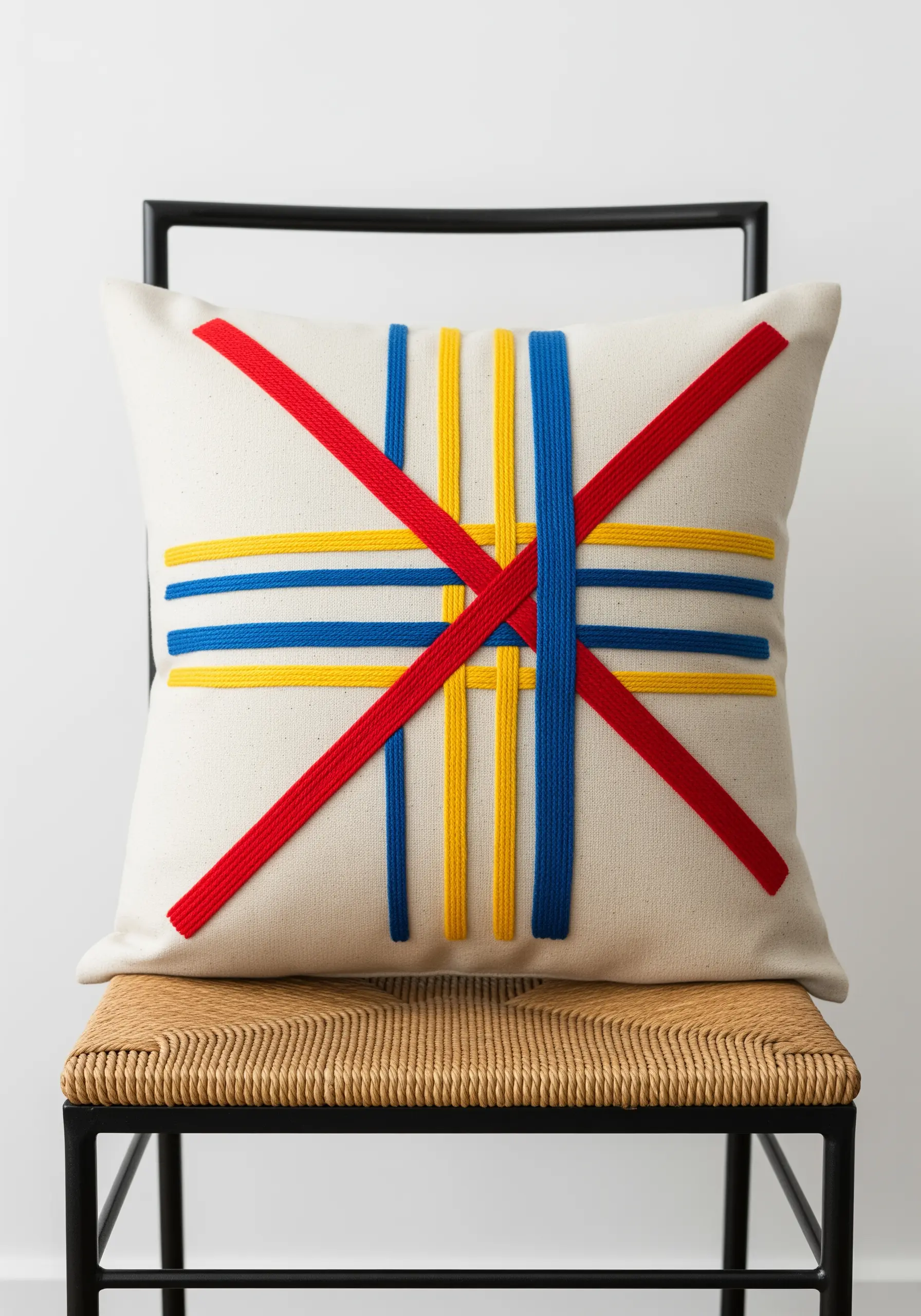 Interwoven red, yellow, and blue fabric strips creating a bold, graphic pattern on a cream pillow.