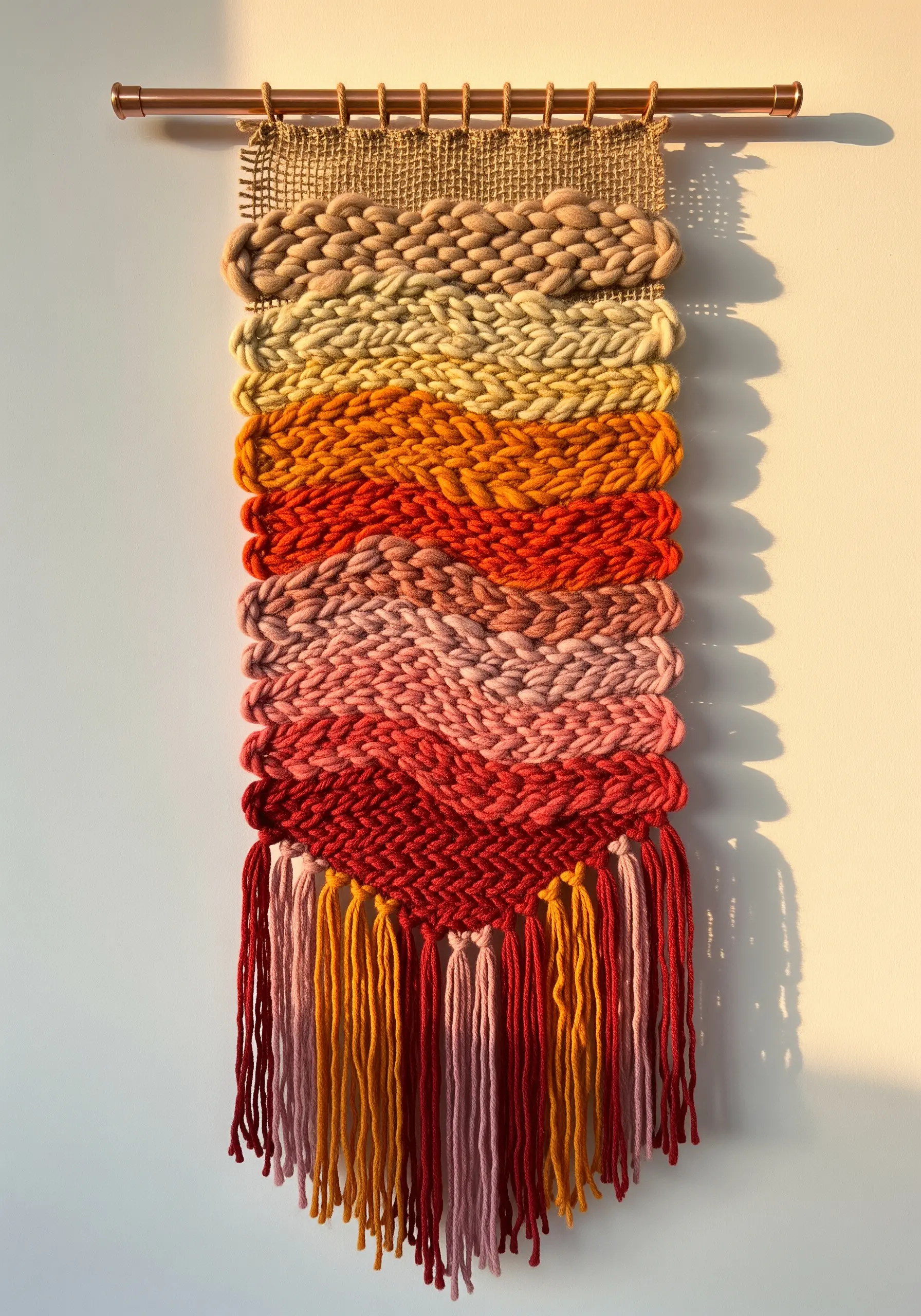 A woven wall hanging with a warm color gradient and varied textural braids and knots.