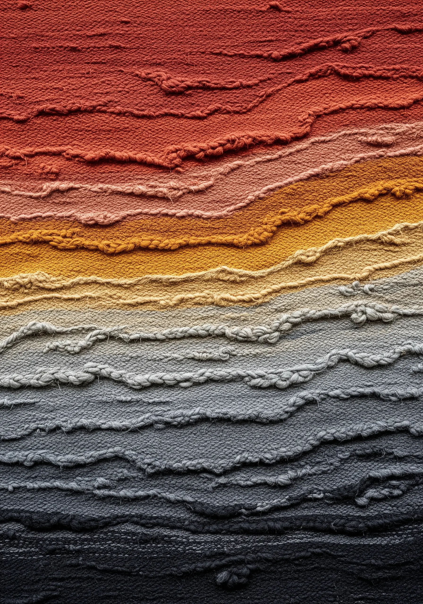 A close-up of a woven textile with horizontal bands of color in earthy tones.