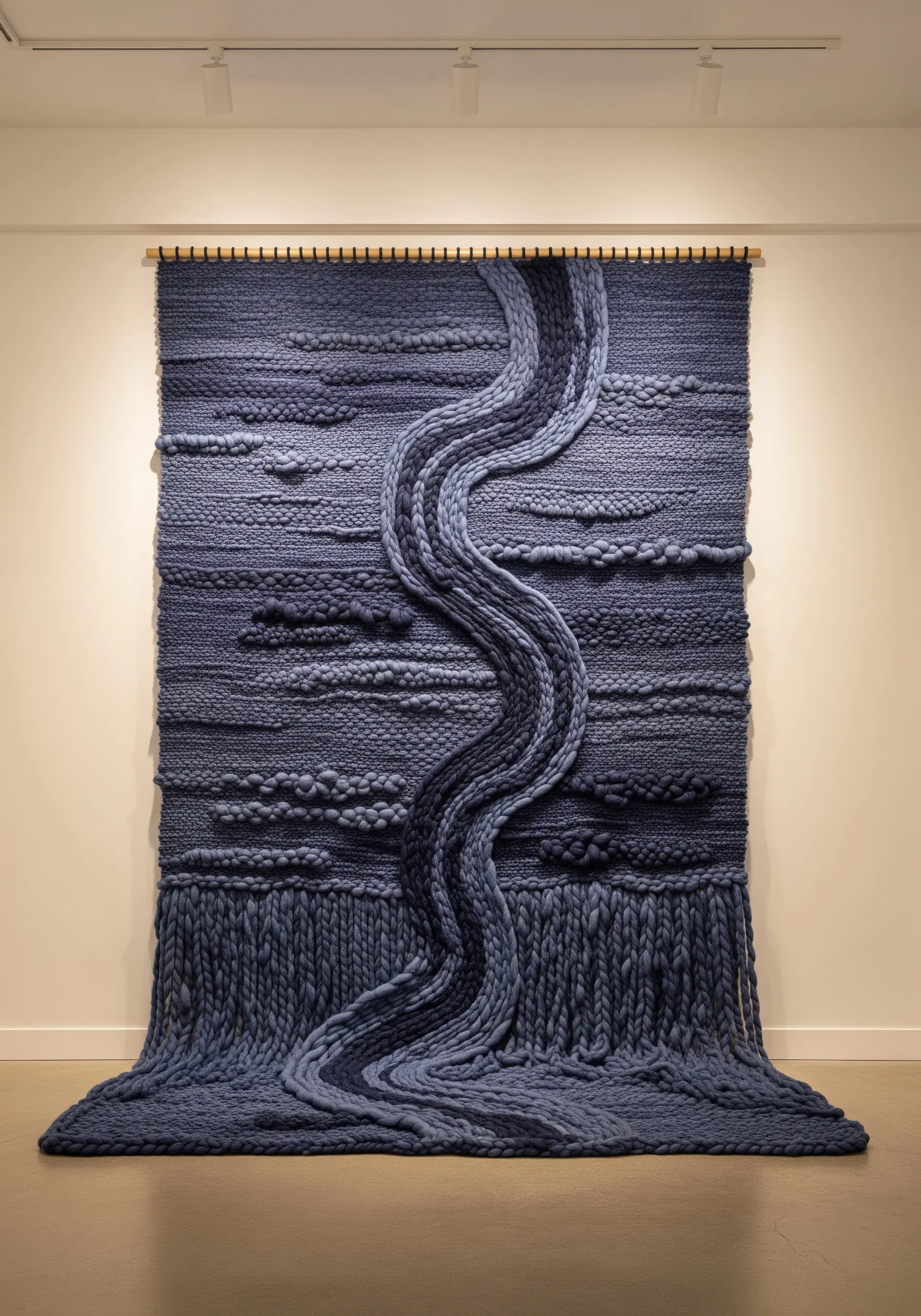 A large, heavily textured wall hanging in shades of blue yarn, mimicking a flowing river.