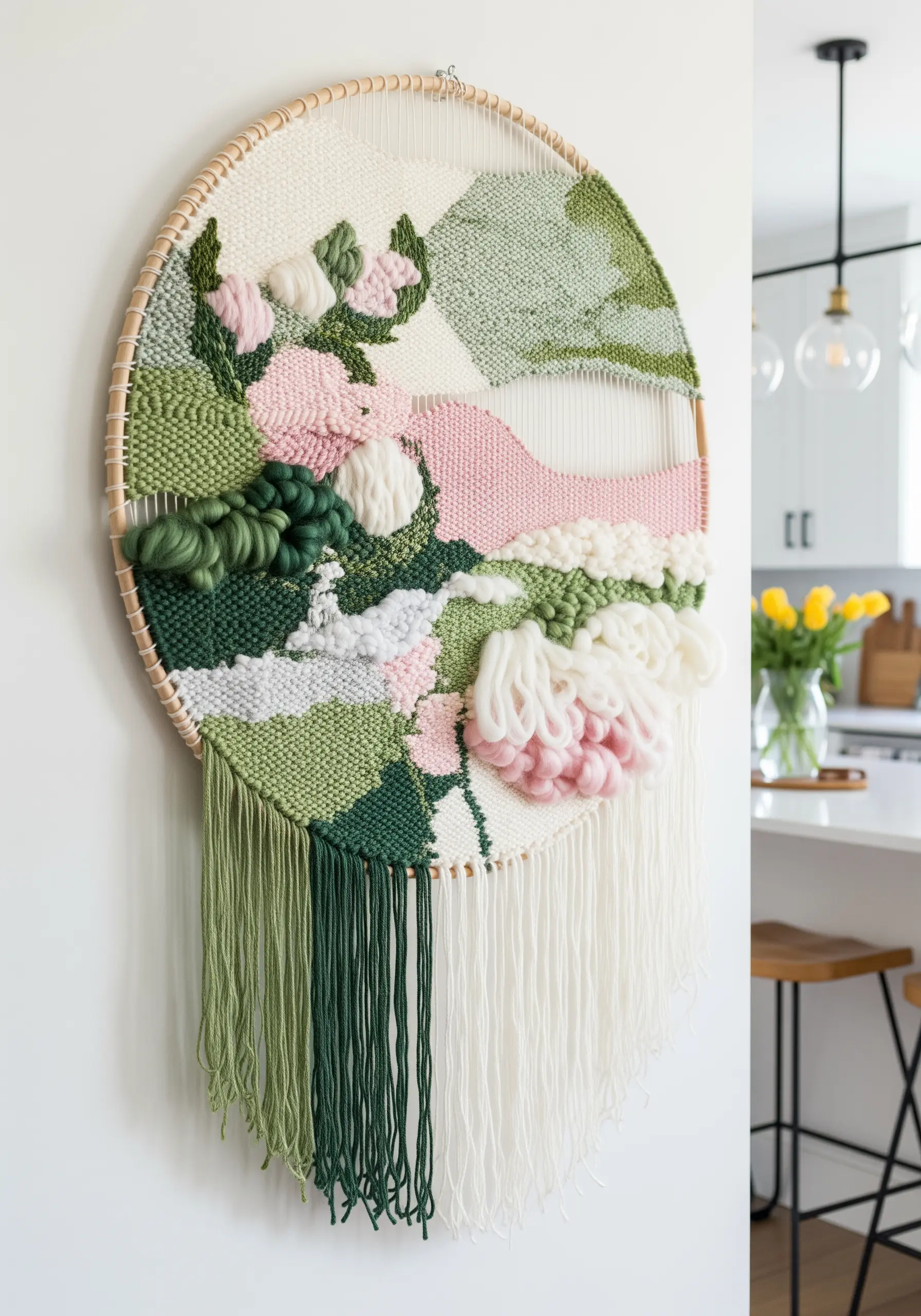 A round woven wall hanging depicting a soft abstract landscape in pink, green, and white.