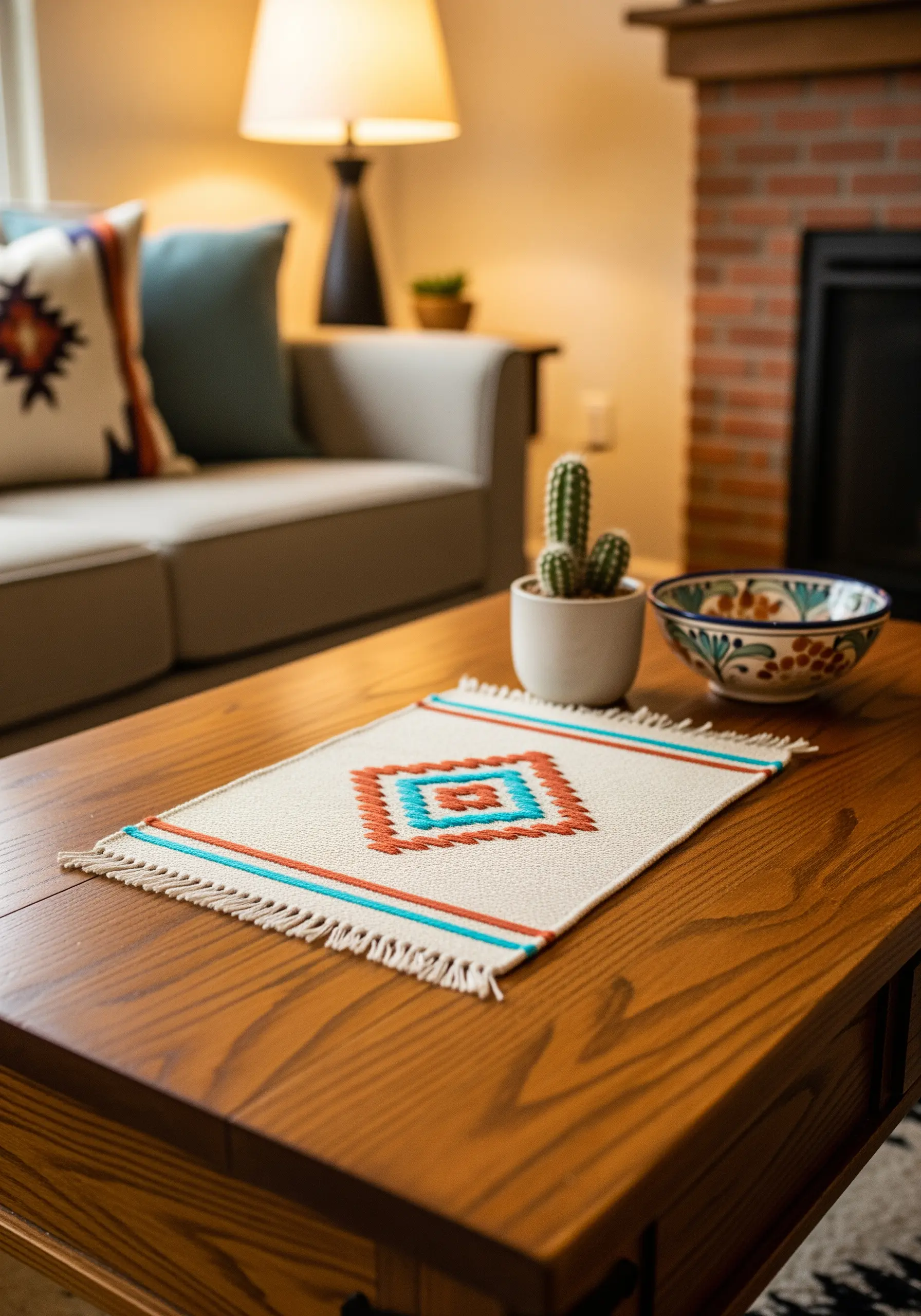 Placemat with a vibrant, geometric Southwestern embroidery pattern.