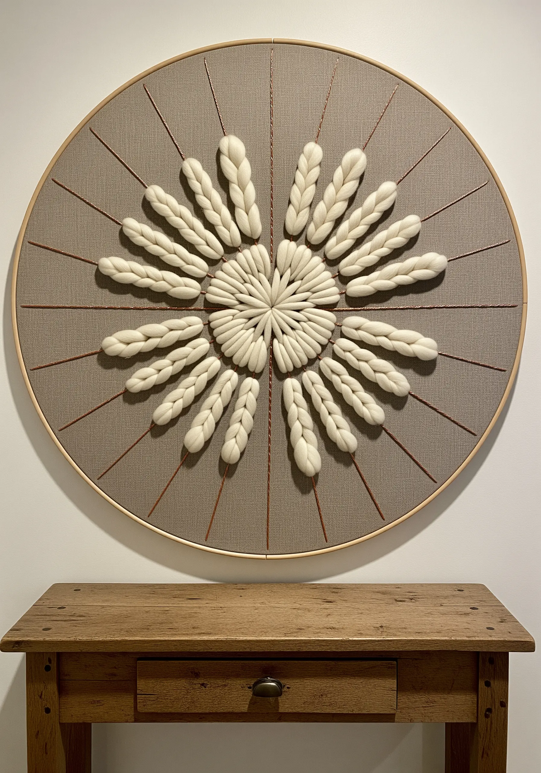 Large embroidery hoop with a central woven sunburst motif made from thick white wool roving.