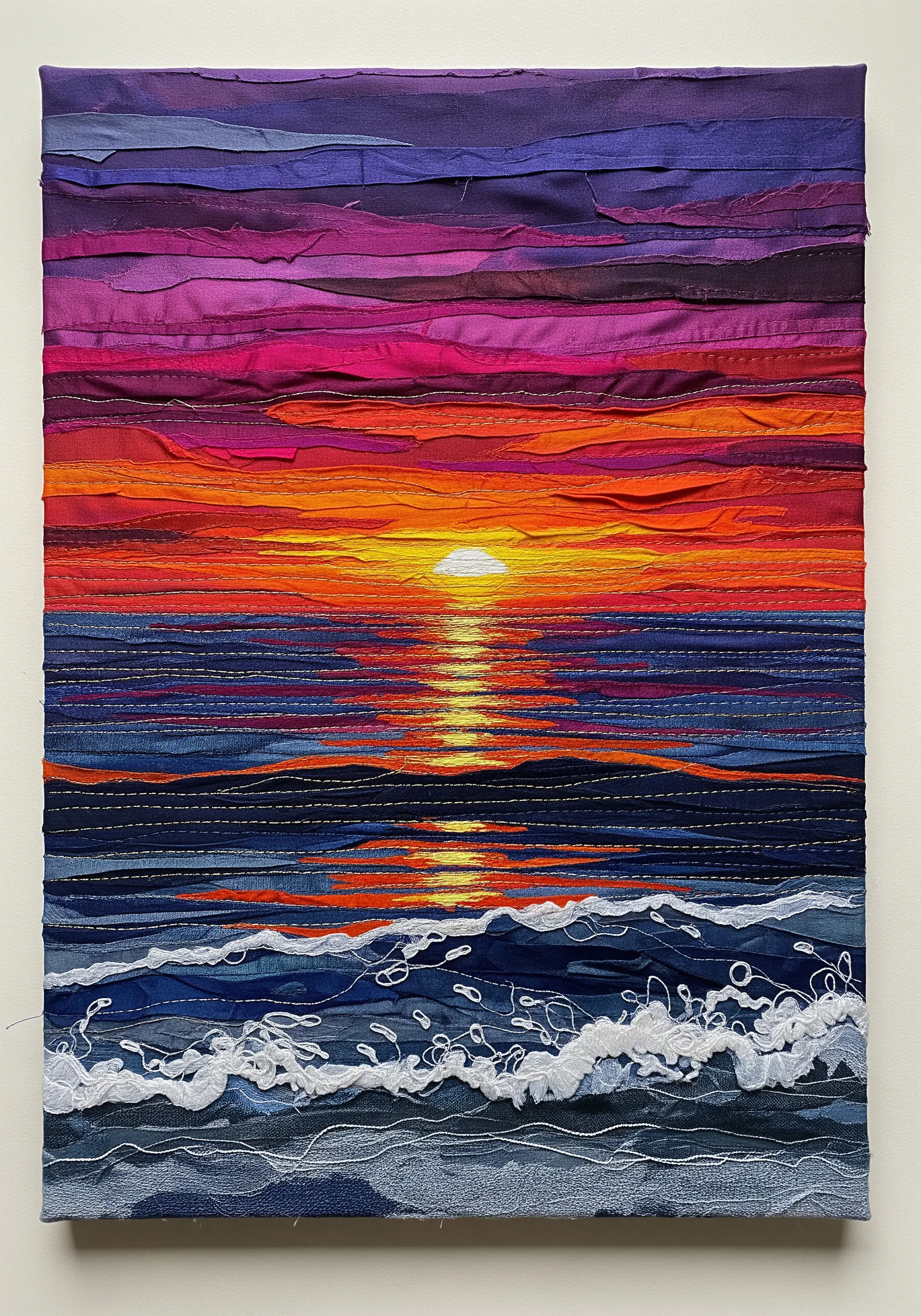 A seascape collage made of woven fabric strips depicting a sunset over the ocean.