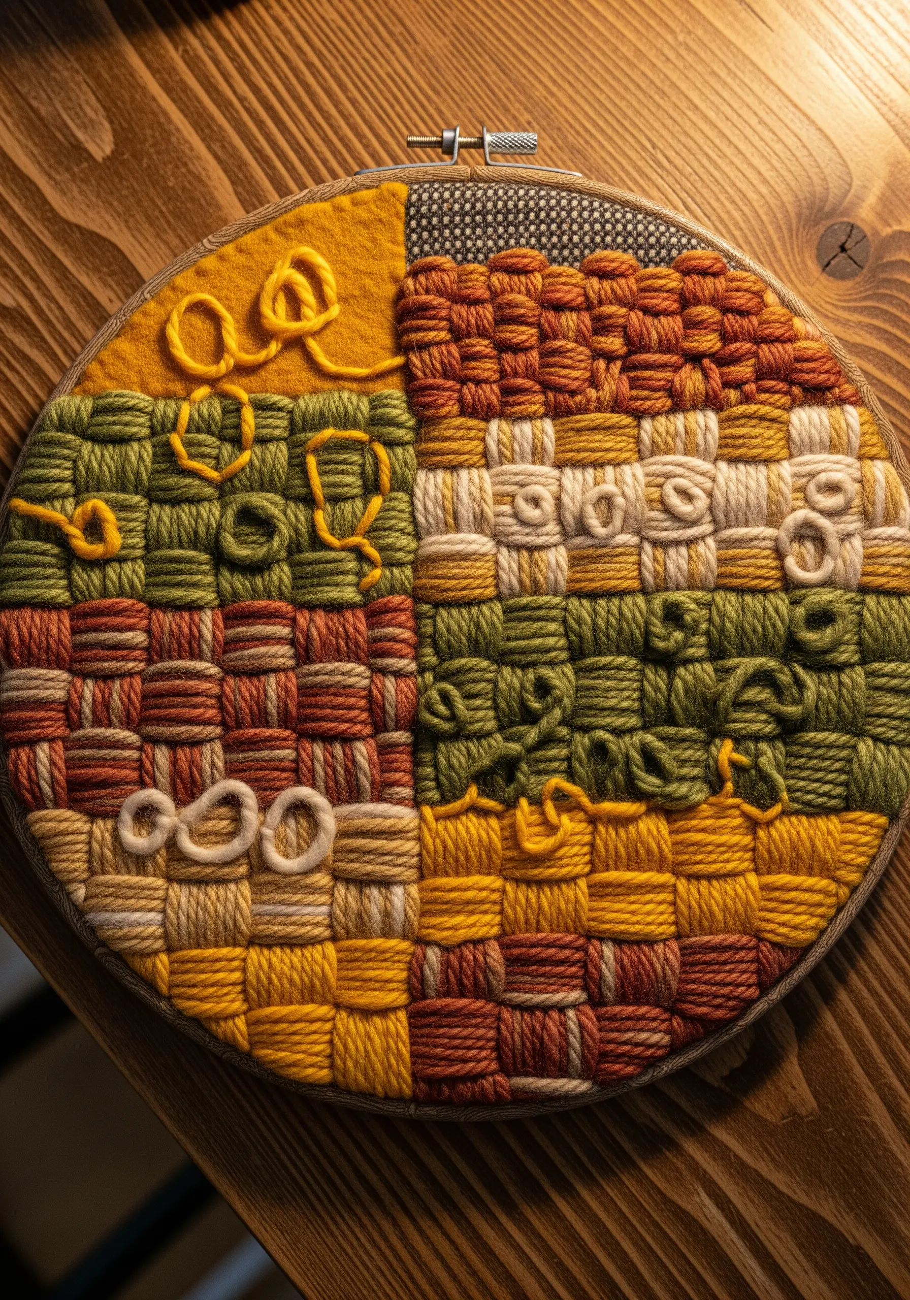 A woven hoop divided into color-blocked quadrants with various textural yarn stitches.