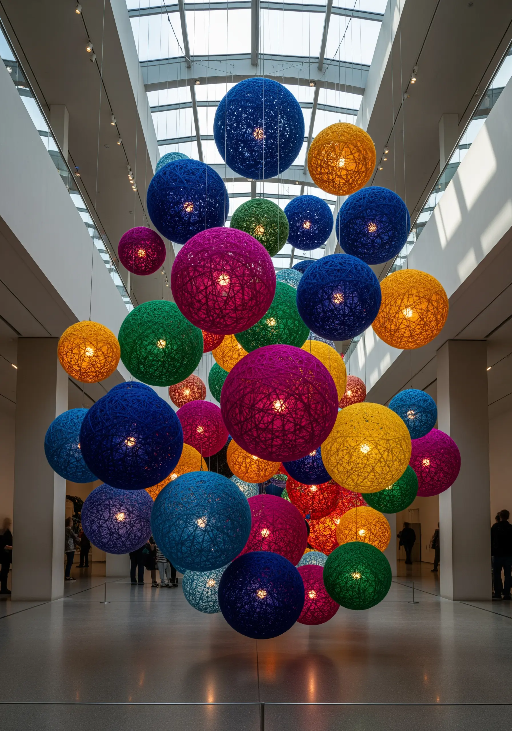 A small, three-dimensional sphere created by wrapping colorful thread.