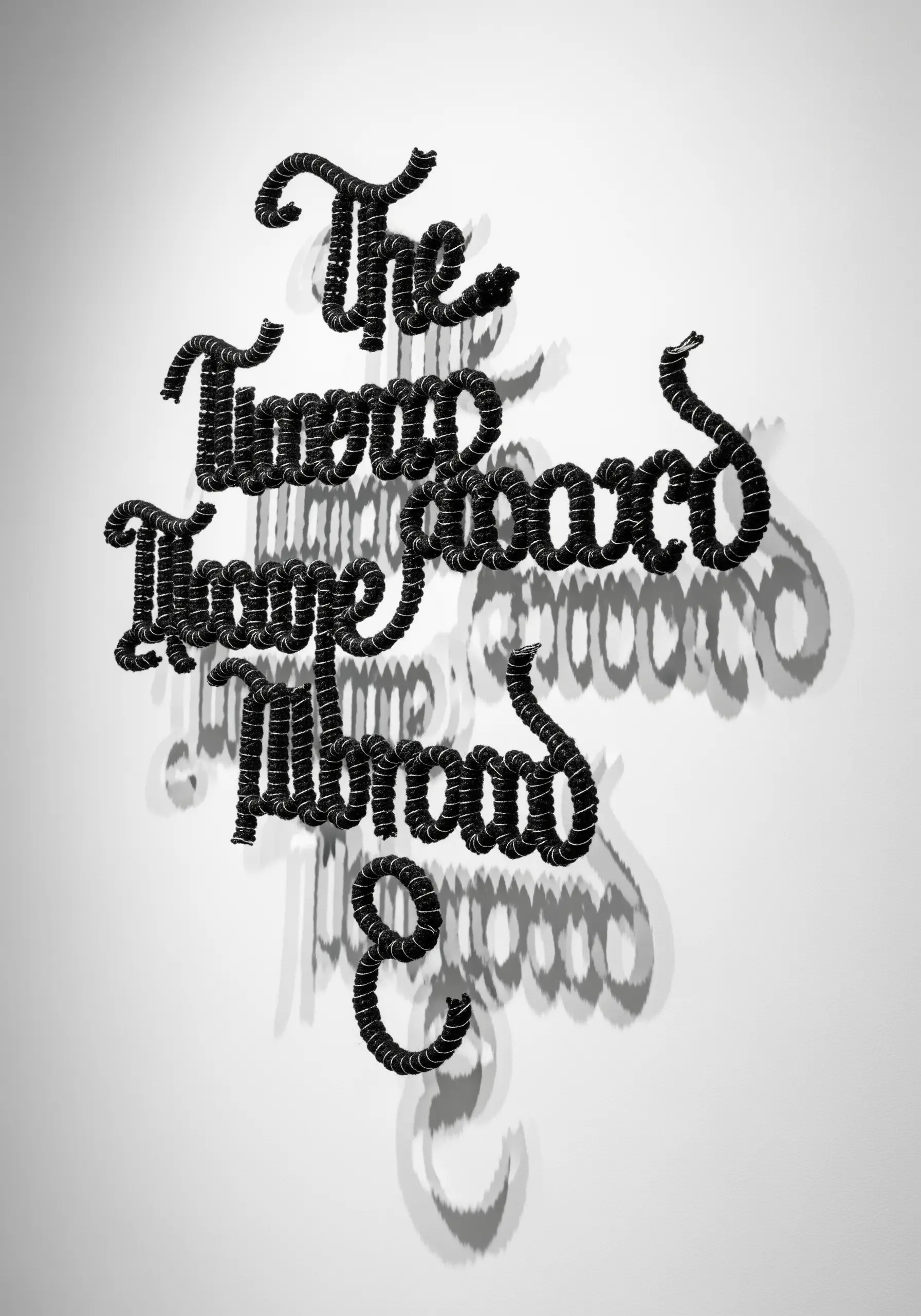 Sculptural wall typography made from wire wrapped in black thread