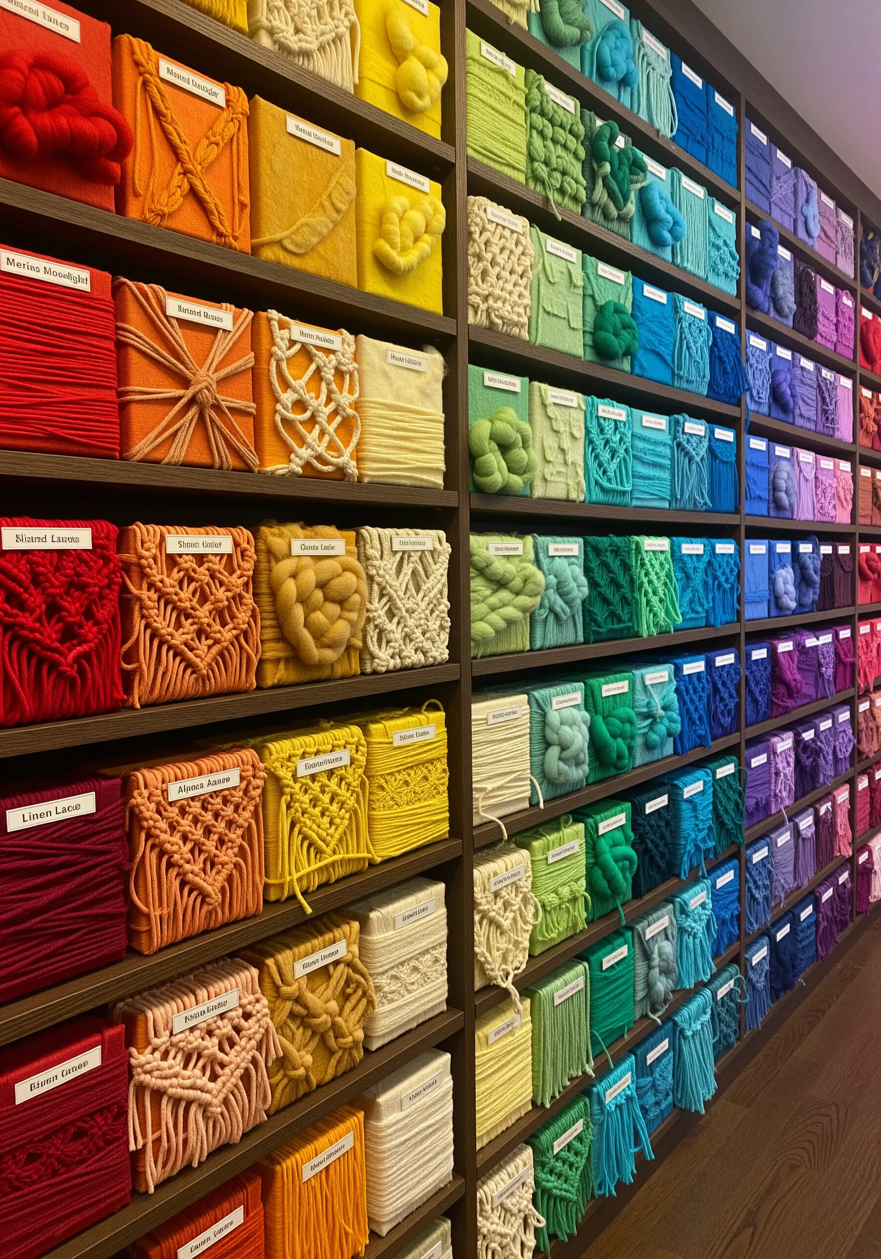 Shelves filled with yarn-wrapped blocks arranged in a rainbow gradient