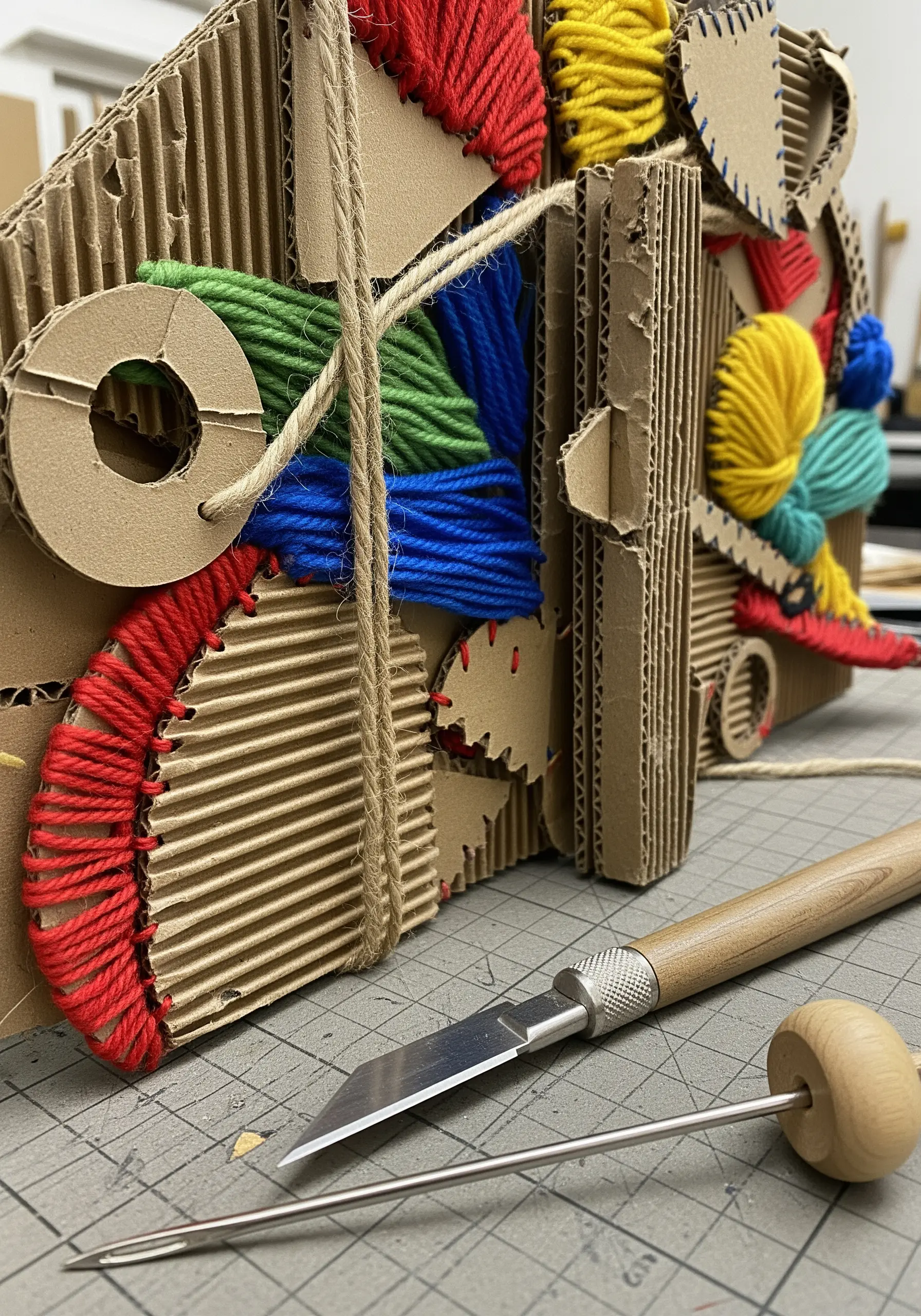 Cardboard shapes wrapped in red blue and yellow yarn