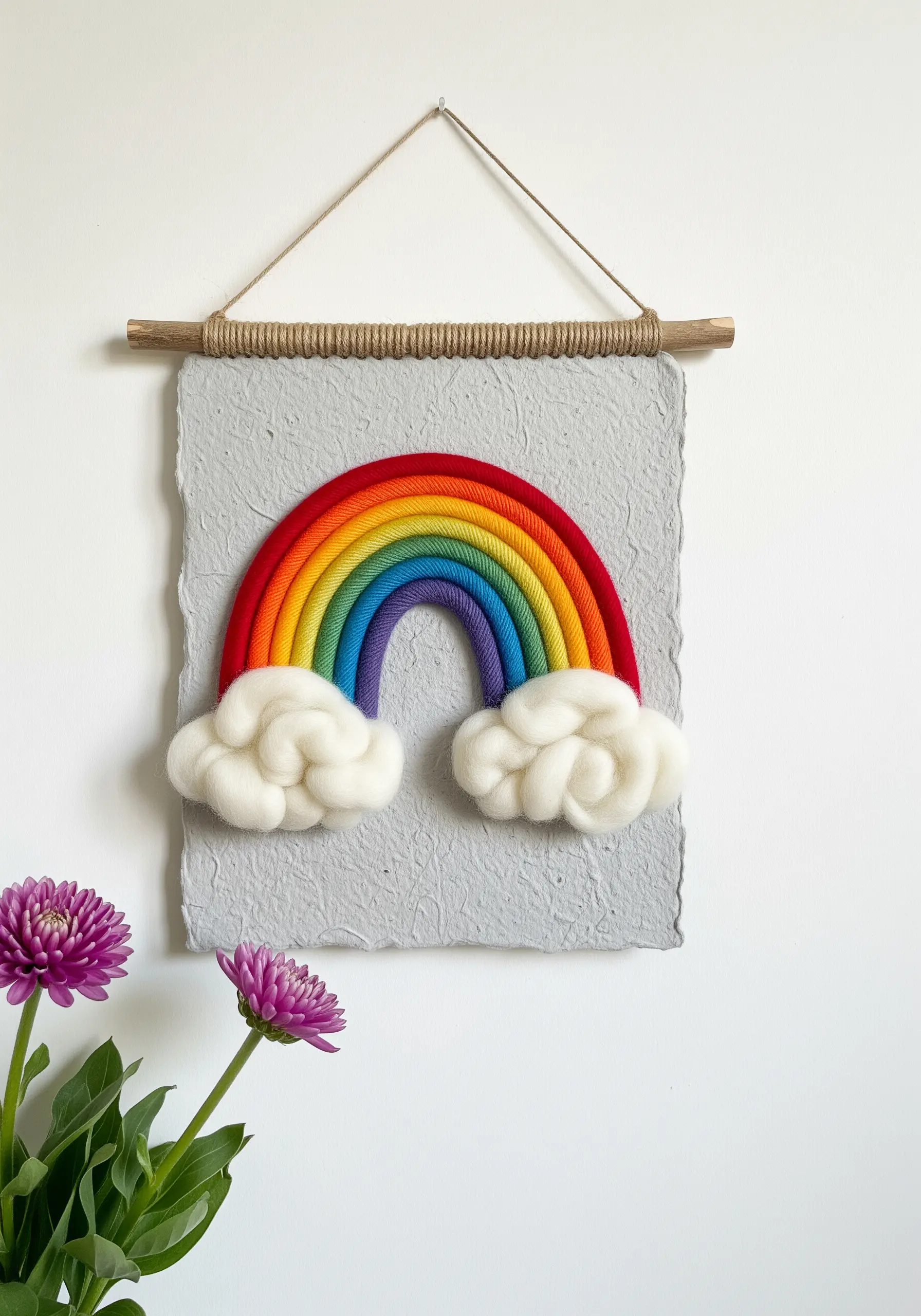 A rainbow made of wrapped yarn with fluffy wool roving clouds on handmade paper.