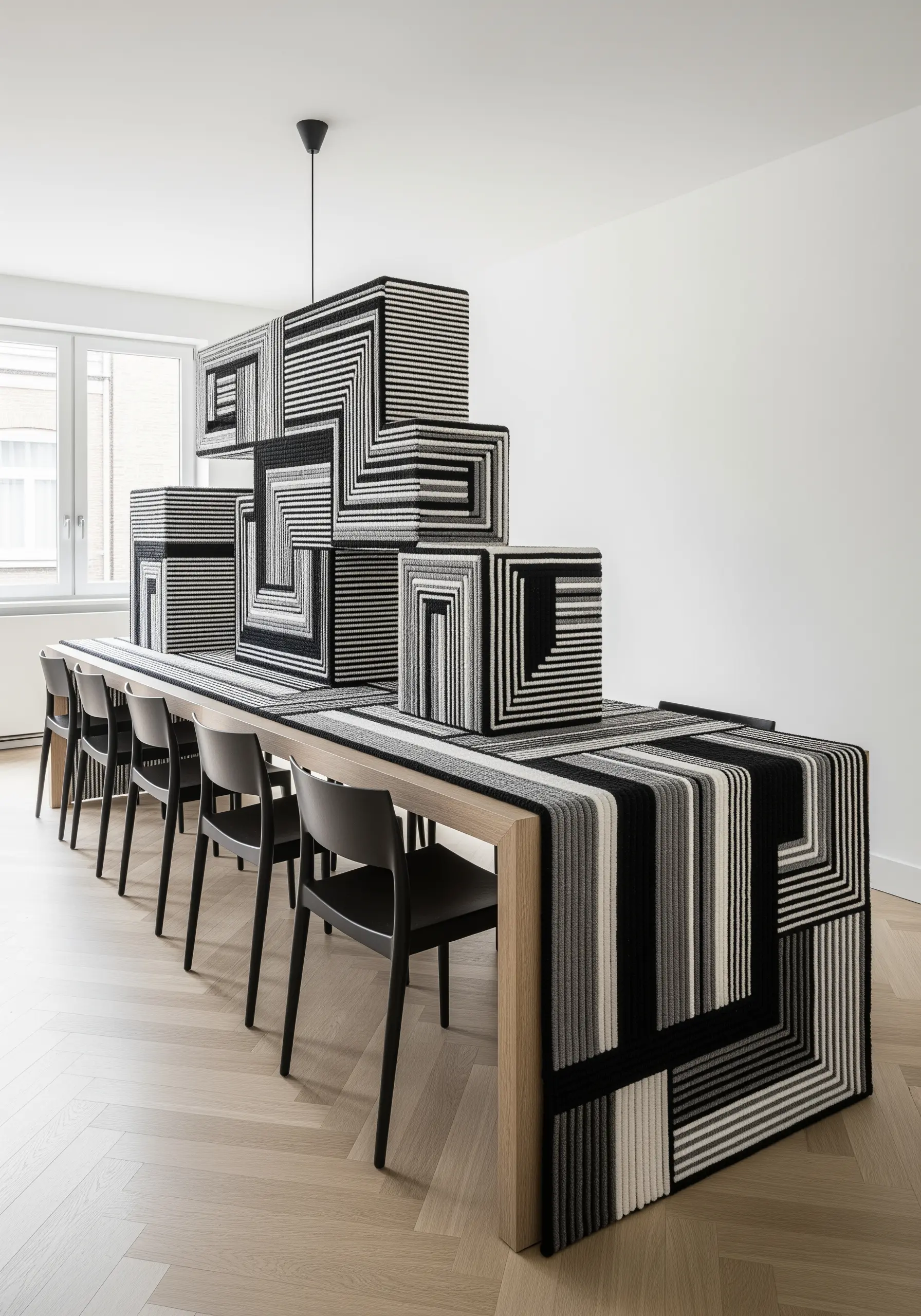 Geometric cubes wrapped in black and white striped yarn
