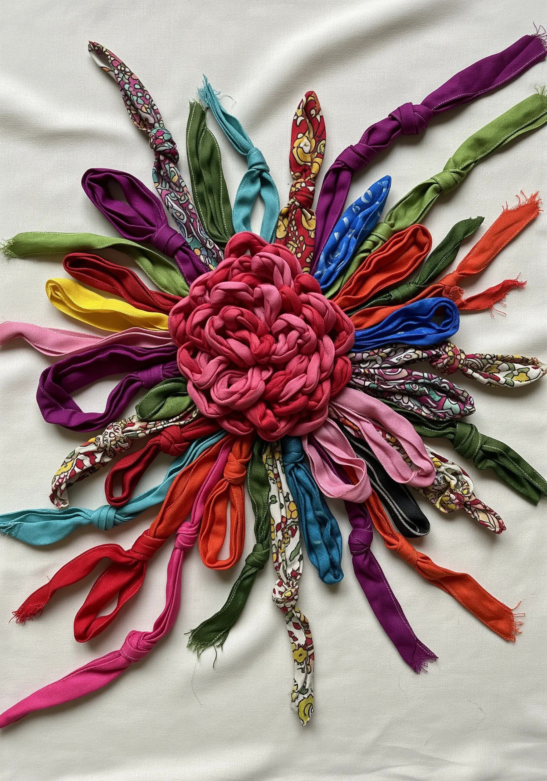 Sculptural flower made from knotted and braided strips of colorful scrap fabric.