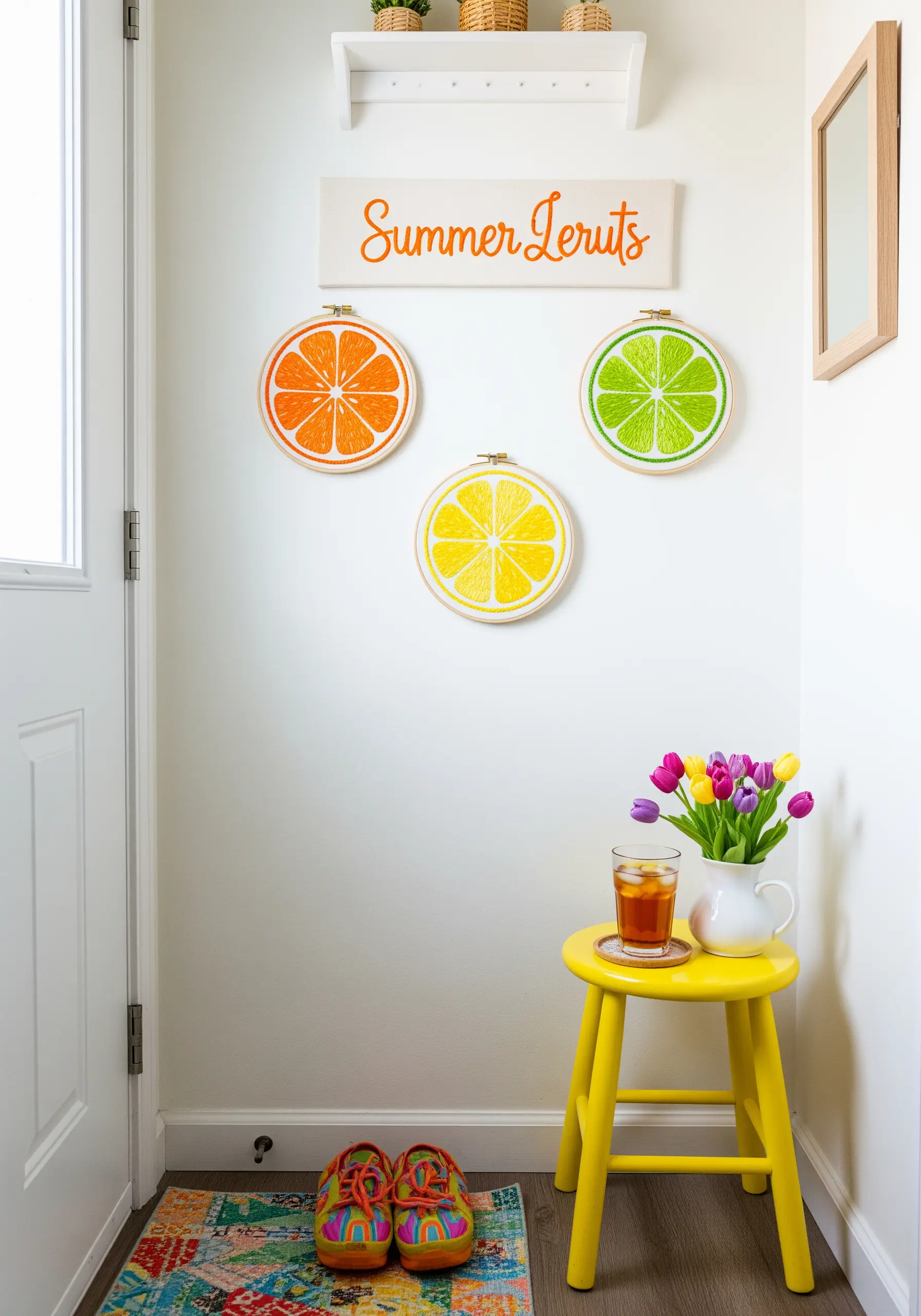 Colorful embroidery hoops of orange, lime, and lemon slices create a summer vibe.
