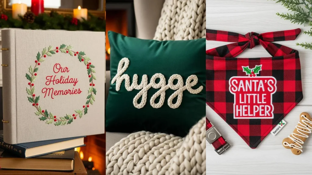 A collage of artistic embroidery projects perfect for unique holiday gifts, like a memory album, pillow, and pet bandana.