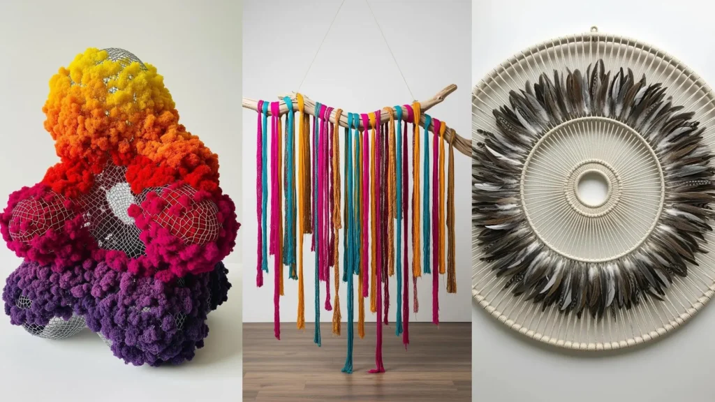 A collage of unexpected mixed-fiber creations that look expensive, featuring colorful yarn art and a feather wall hanging.