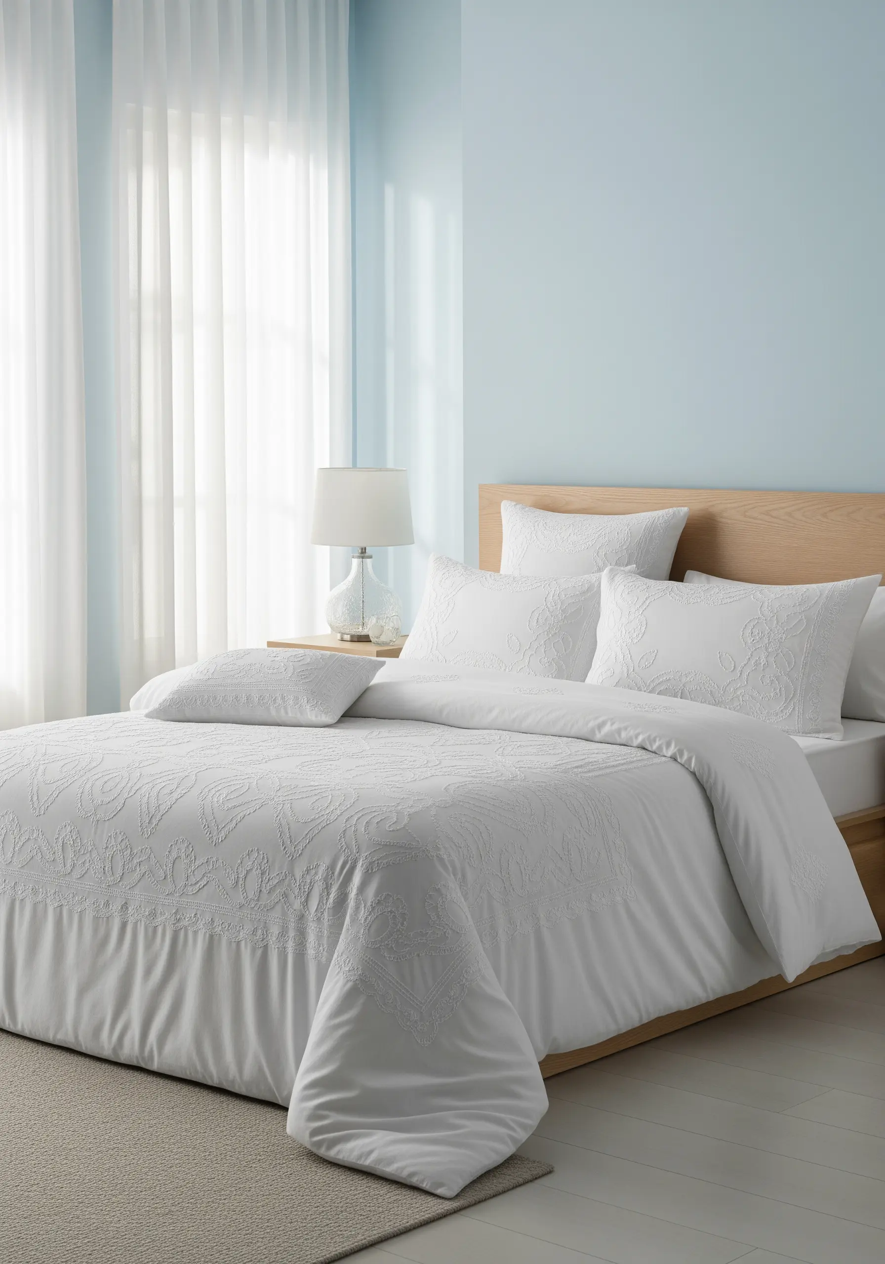 White-on-white textural embroidery on a duvet cover and pillows in a serene bedroom.
