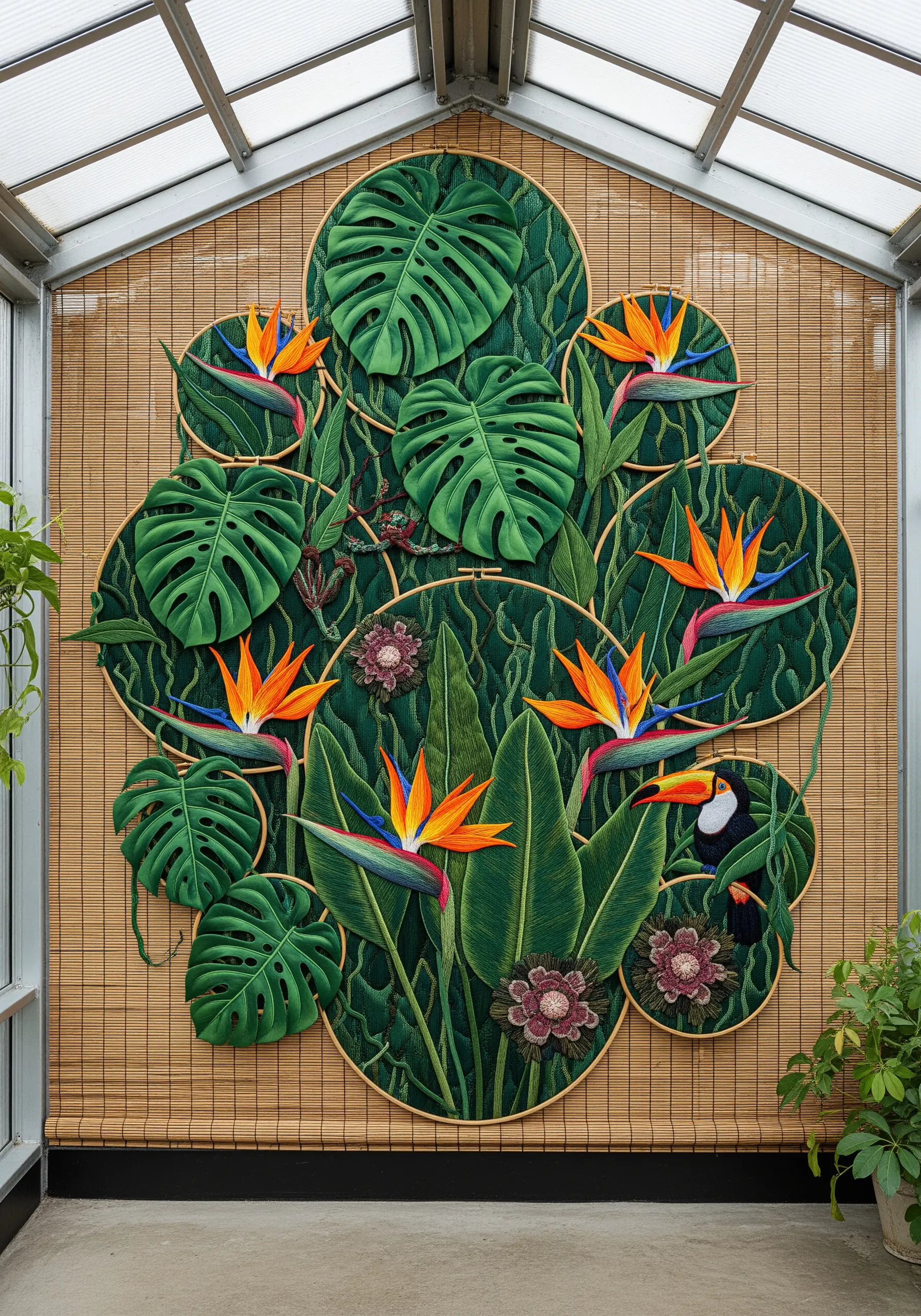 A dense, layered mural of embroidered tropical leaves, flowers, and a toucan in multiple hoops.