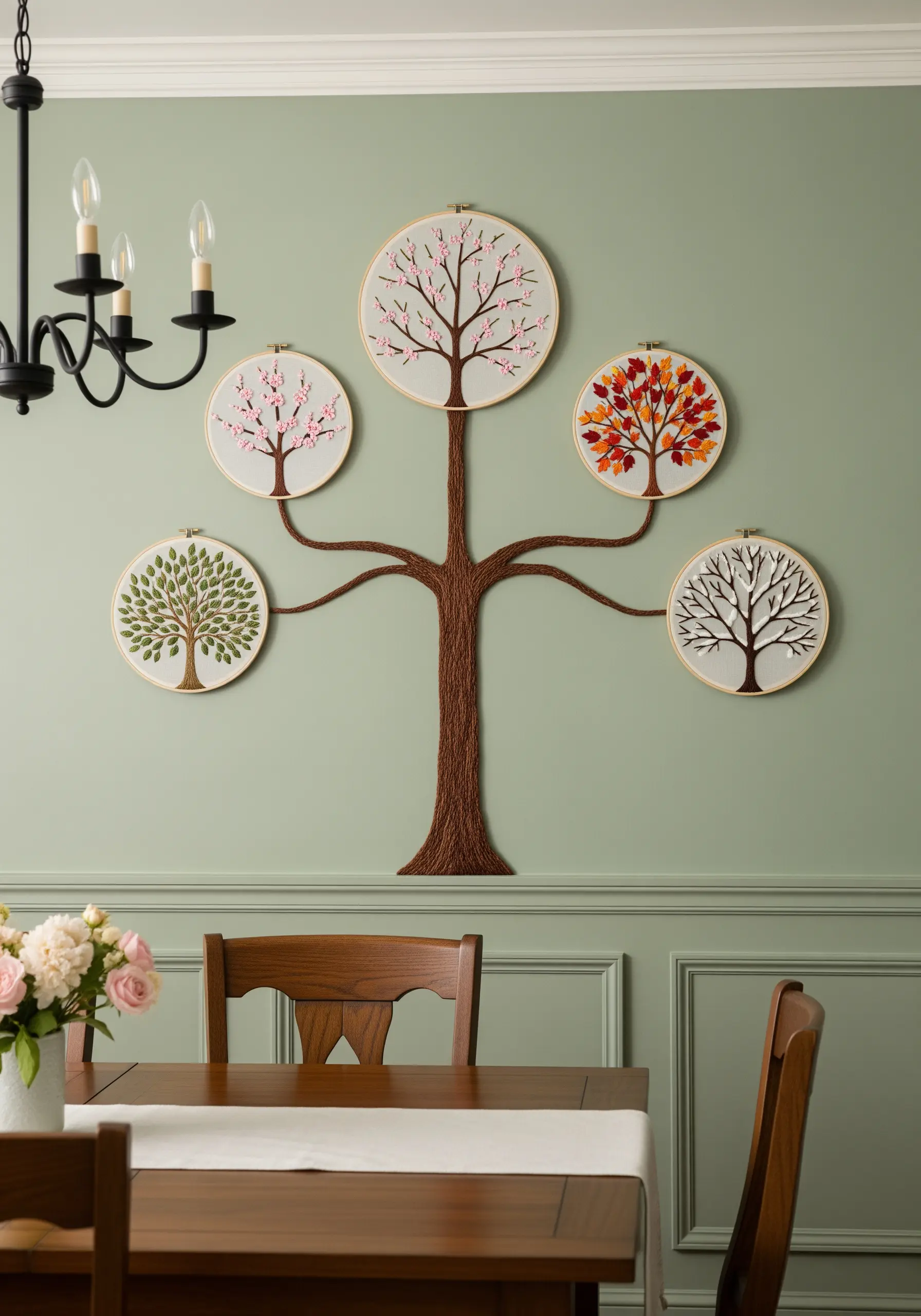 A family tree embroidery mural with branches connecting five hoops showing seasonal changes.