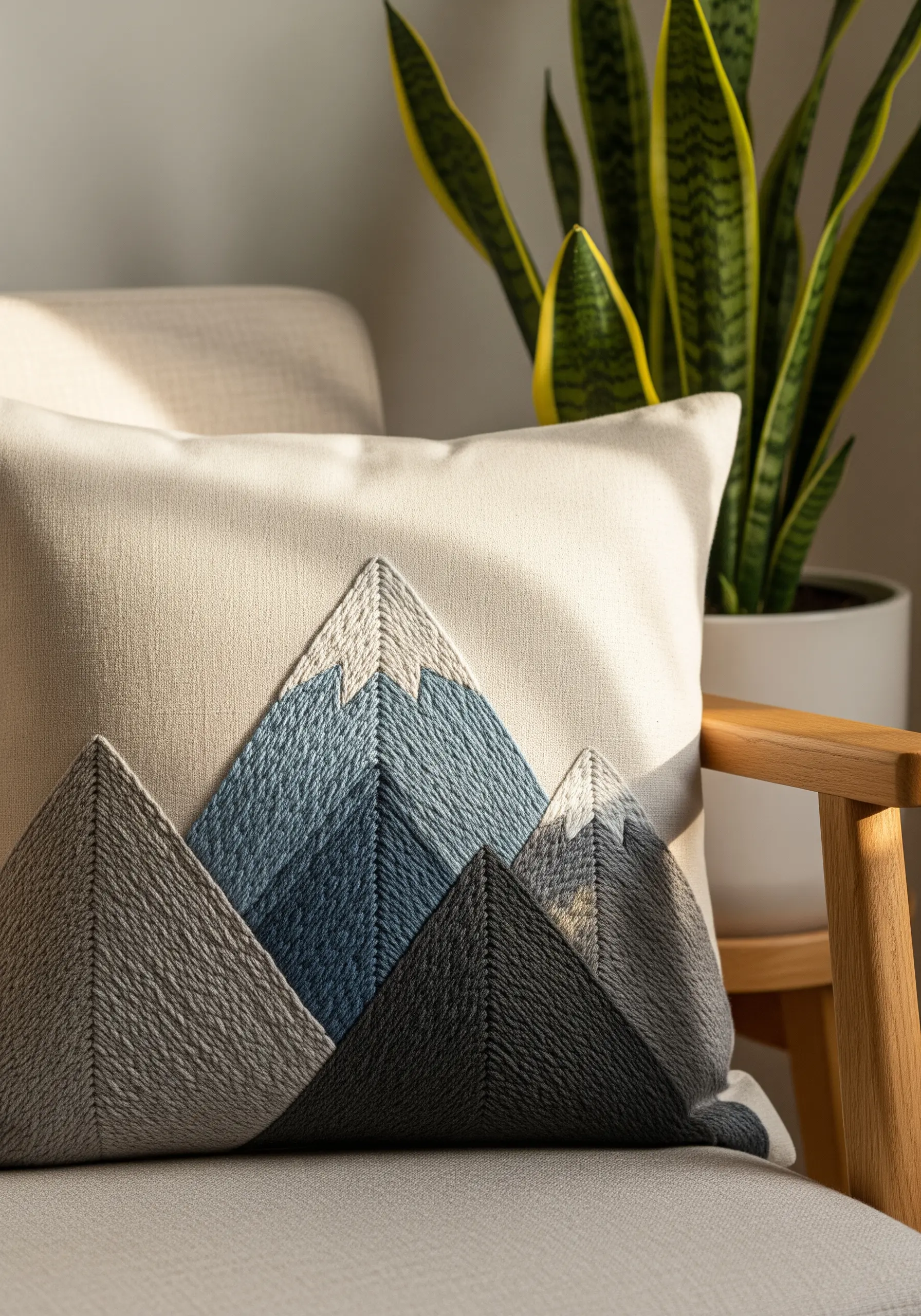 Geometric mountain embroidery with directional satin stitch on a cream cushion cover.
