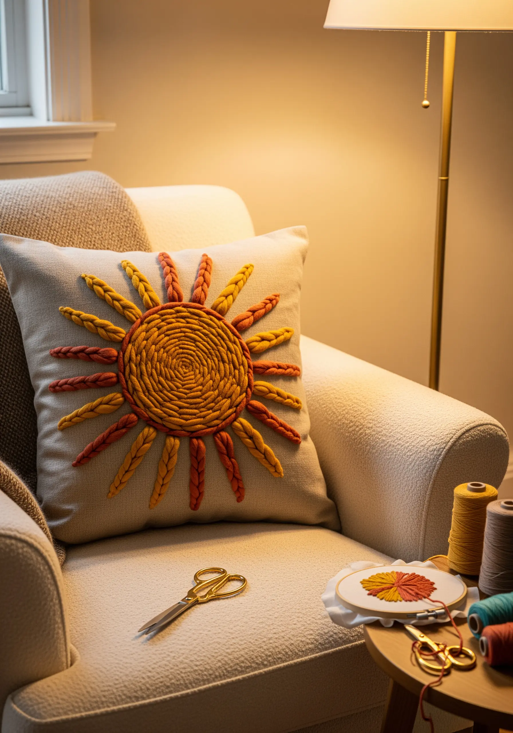 A sun motif on a cushion, made with thick, coiled, and braided yellow and orange yarn.