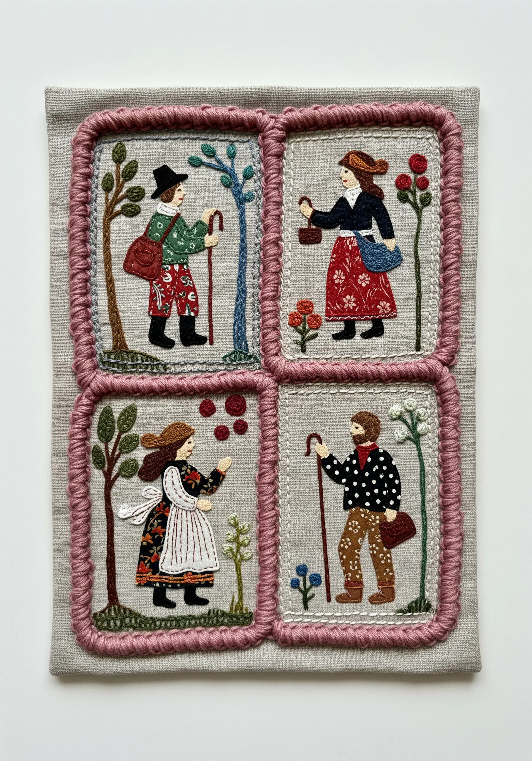 Four embroidered folk art scenes, each framed with a raised border of pink yarn.